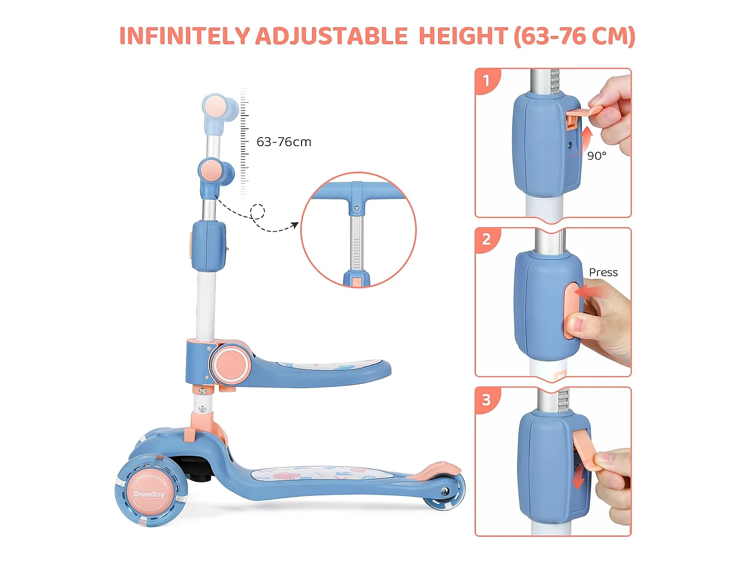Trottinette Enfant Pliable BremToy avec Siège, Roues LED et Guidon Réglable en Hauteur pour 2-8 Ans