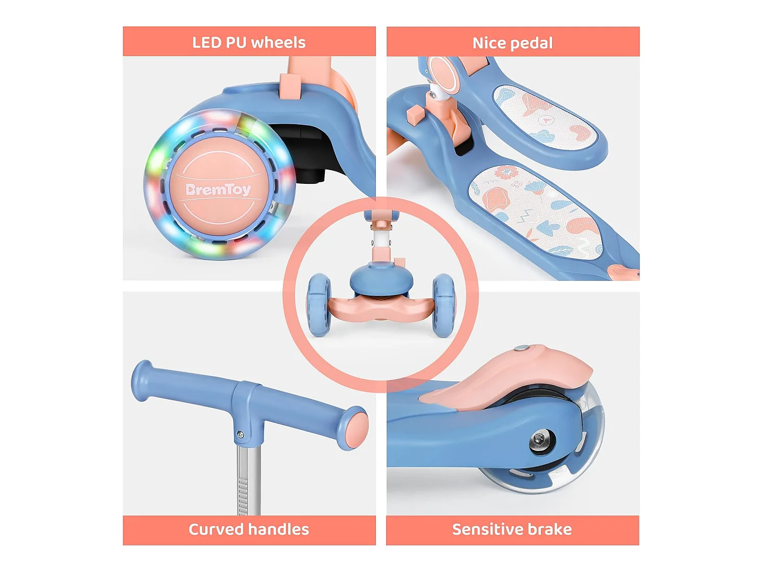 Trottinette Enfant Pliable BremToy avec Siège, Roues LED et Guidon Réglable en Hauteur pour 2-8 Ans