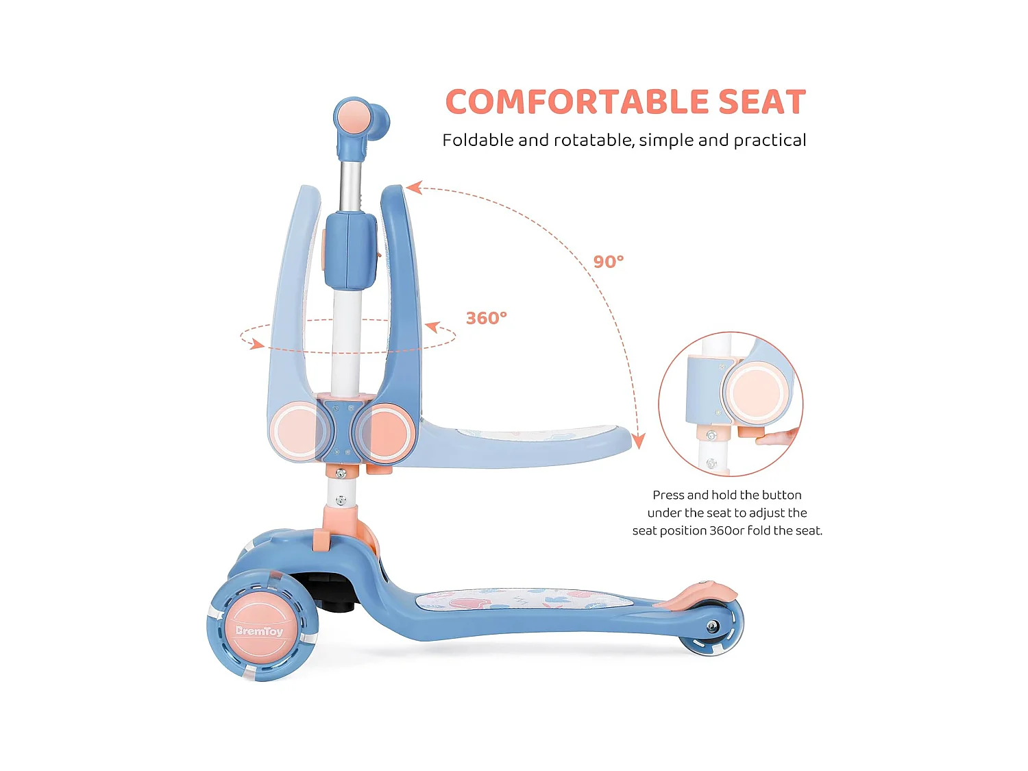 Trottinette Enfant Pliable BremToy avec Siège, Roues LED et Guidon Réglable en Hauteur pour 2-8 Ans