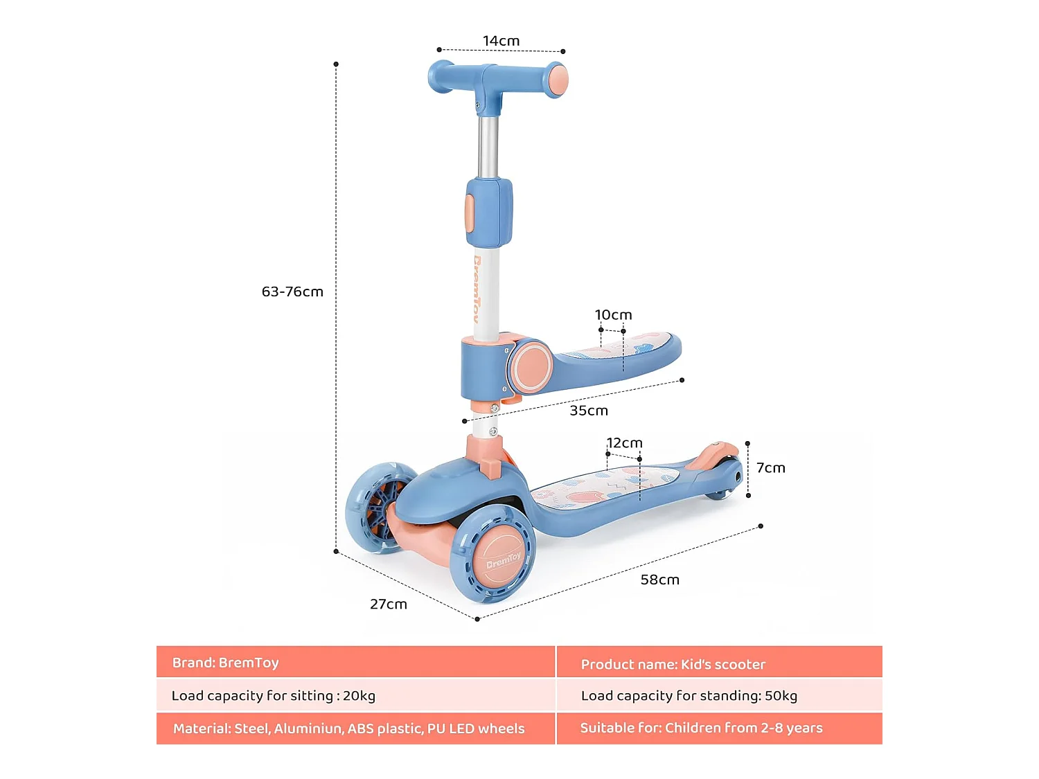 Trottinette Enfant Pliable BremToy avec Siège, Roues LED et Guidon Réglable en Hauteur pour 2-8 Ans