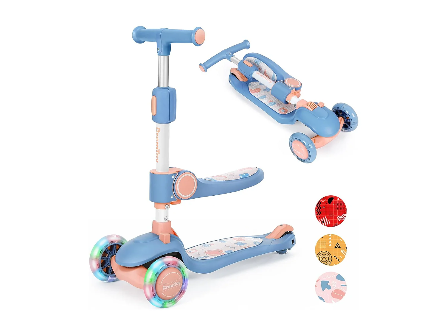 BremToy Opvouwbare Kinderstep met Zitje, LED-wielen en Hoogteverstelbaar Stuur voor 2-8 Jaar