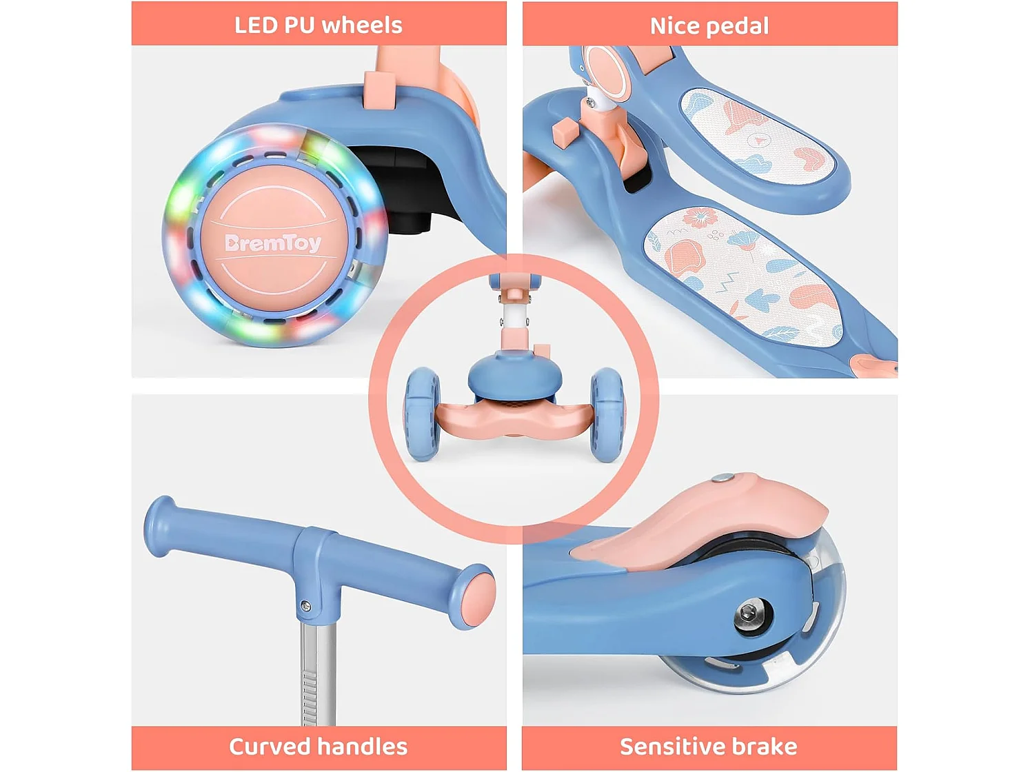 BremToy Opvouwbare Kinderstep met Zitje, LED-wielen en Hoogteverstelbaar Stuur voor 2-8 Jaar