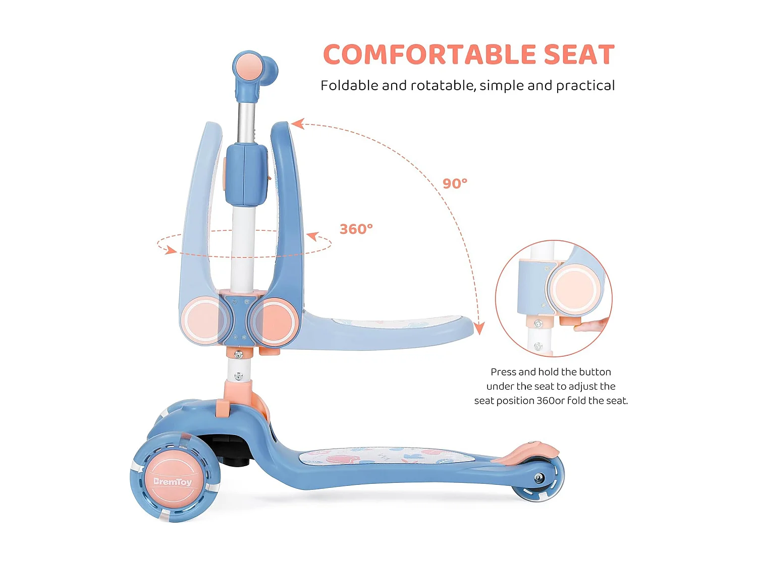 BremToy Opvouwbare Kinderstep met Zitje, LED-wielen en Hoogteverstelbaar Stuur voor 2-8 Jaar