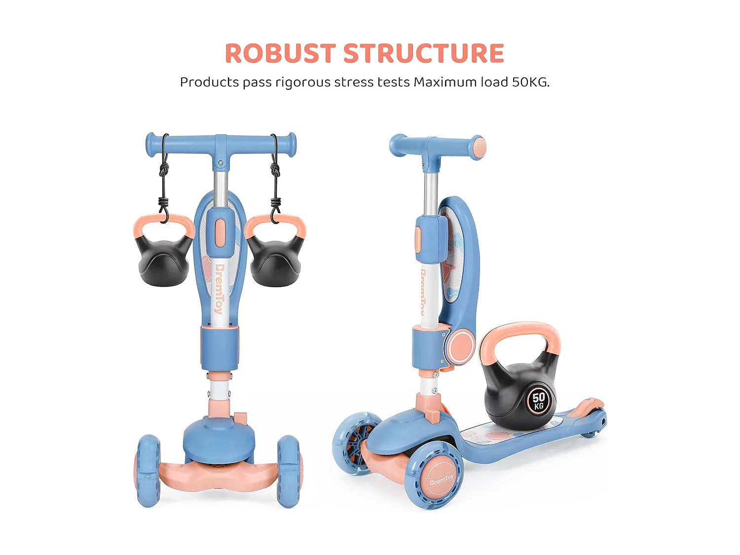 BremToy Opvouwbare Kinderstep met Zitje, LED-wielen en Hoogteverstelbaar Stuur voor 2-8 Jaar
