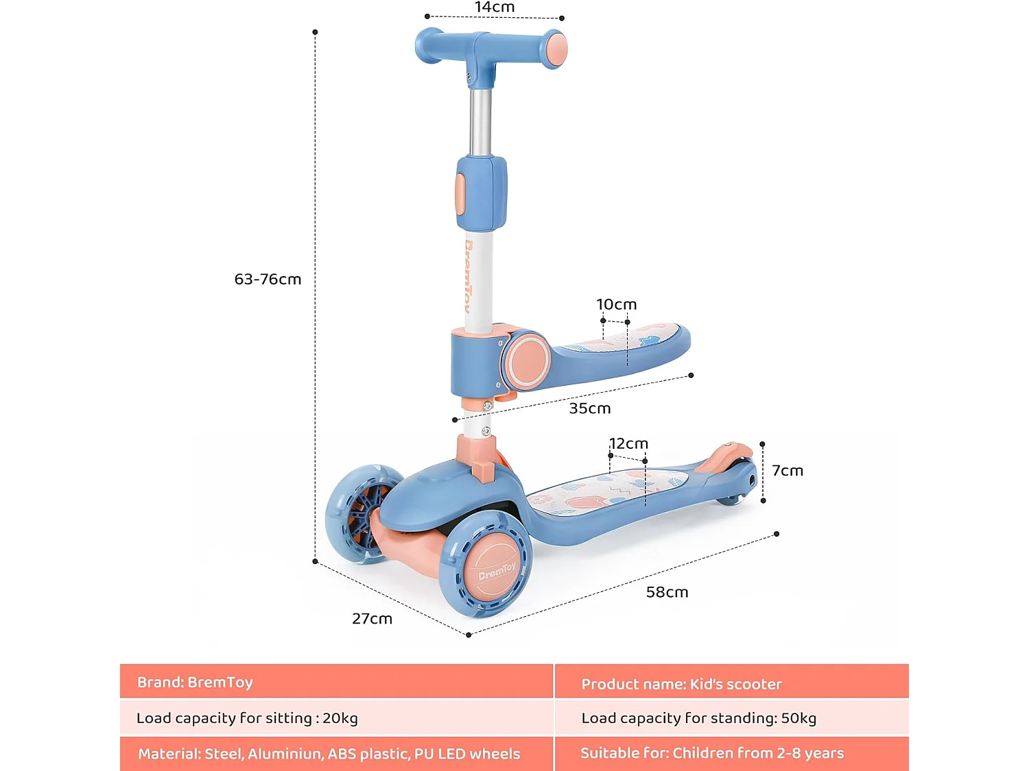 BremToy Opvouwbare Kinderstep met Zitje, LED-wielen en Hoogteverstelbaar Stuur voor 2-8 Jaar