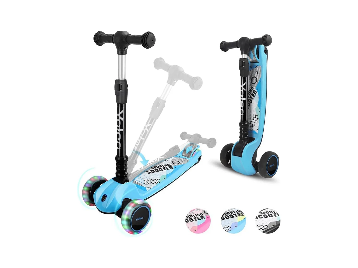 Trottinette Enfant YOLEO avec Roues LED, 4 Positions Réglables en Hauteur, Guidon Pliable, à partir de 3 Ans