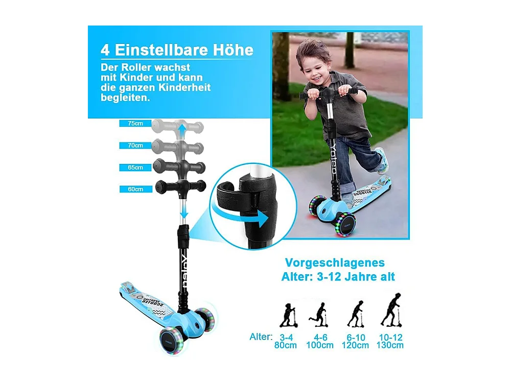 Trottinette Enfant YOLEO avec Roues LED, 4 Positions Réglables en Hauteur, Guidon Pliable, à partir de 3 Ans