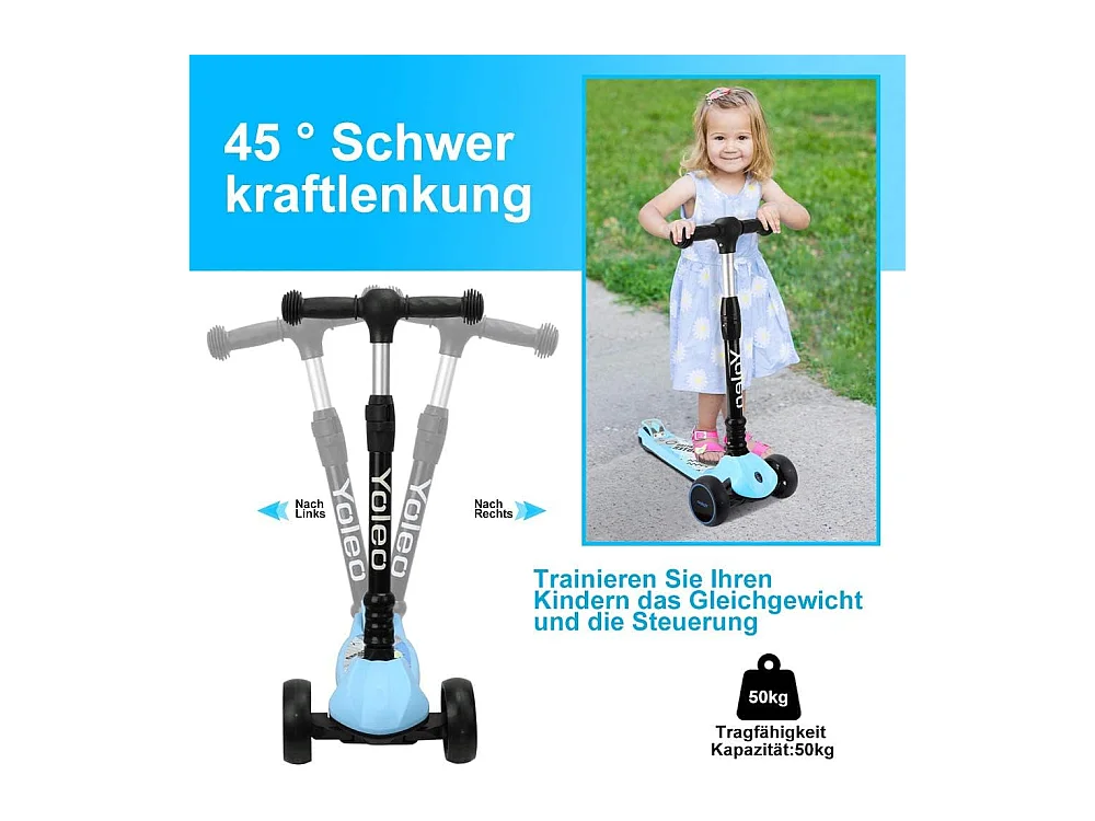 Trottinette Enfant YOLEO avec Roues LED, 4 Positions Réglables en Hauteur, Guidon Pliable, à partir de 3 Ans