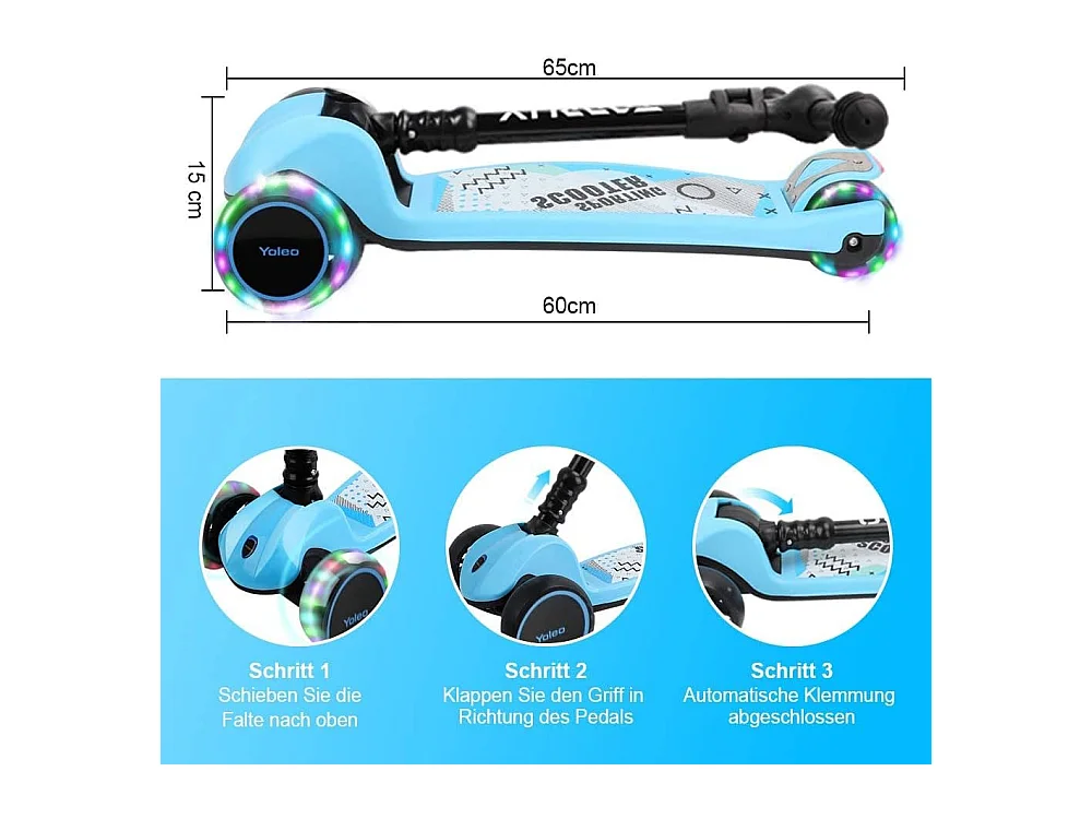 Trottinette Enfant YOLEO avec Roues LED, 4 Positions Réglables en Hauteur, Guidon Pliable, à partir de 3 Ans