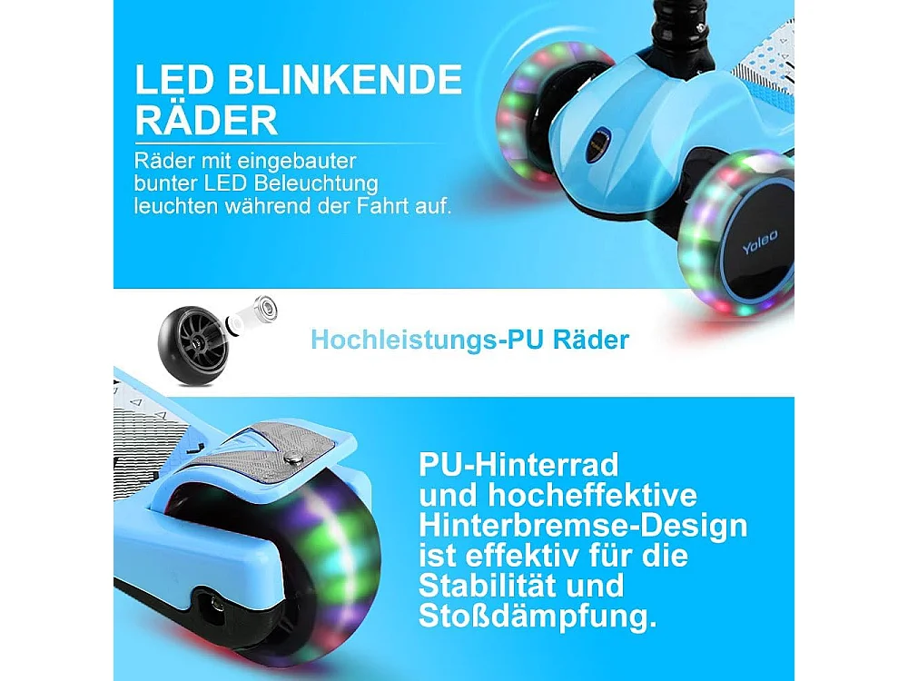 YOLEO Kinderstep met LED-wielen, 4 Hoogteverstellingen, Opvouwbaar Stuur, vanaf 3 Jaar
