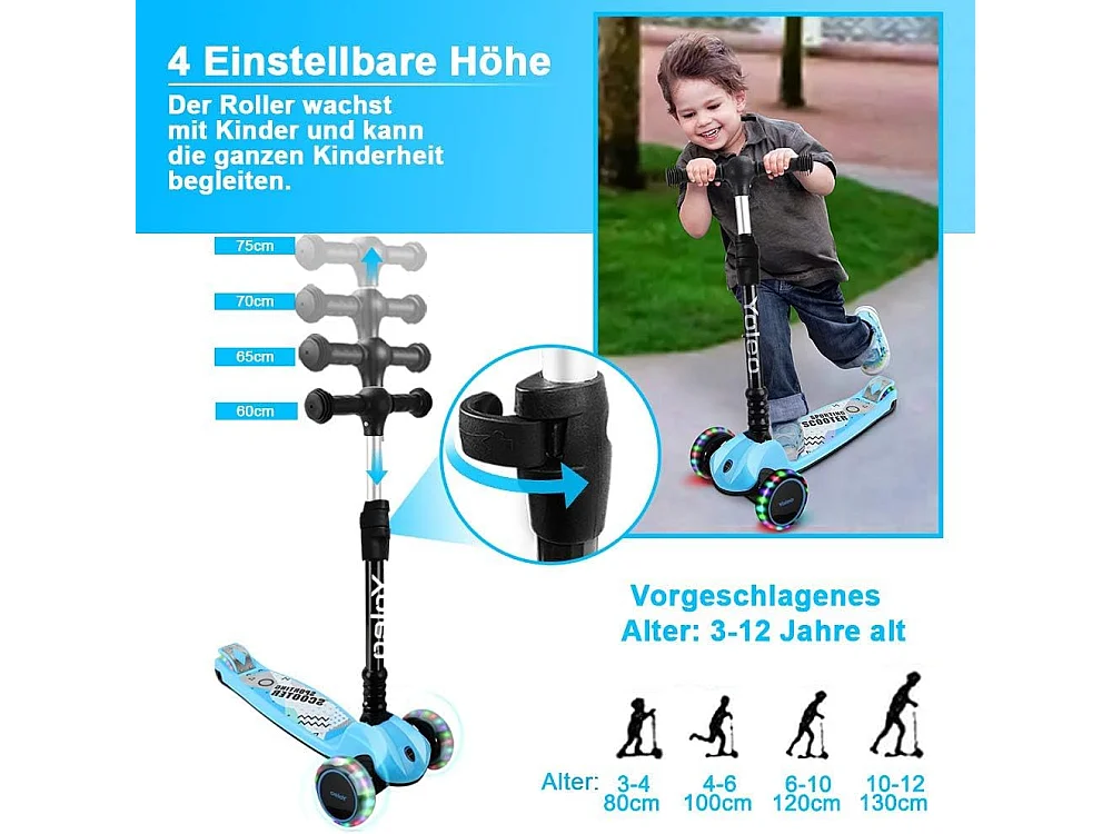 YOLEO Kinderstep met LED-wielen, 4 Hoogteverstellingen, Opvouwbaar Stuur, vanaf 3 Jaar