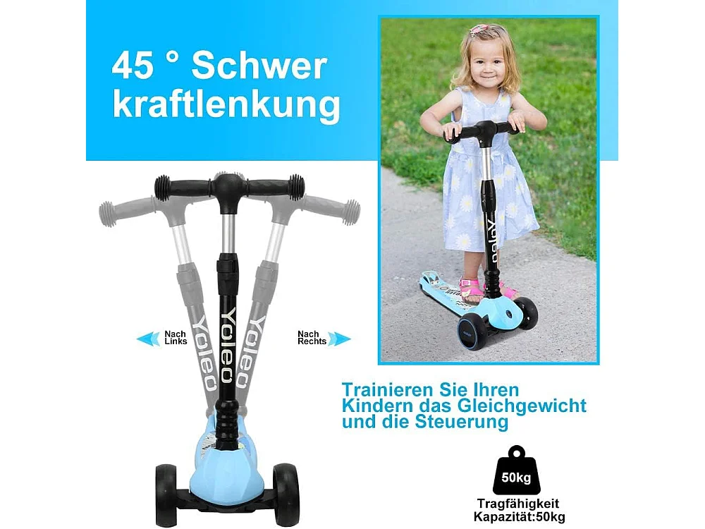 YOLEO Kinderstep met LED-wielen, 4 Hoogteverstellingen, Opvouwbaar Stuur, vanaf 3 Jaar