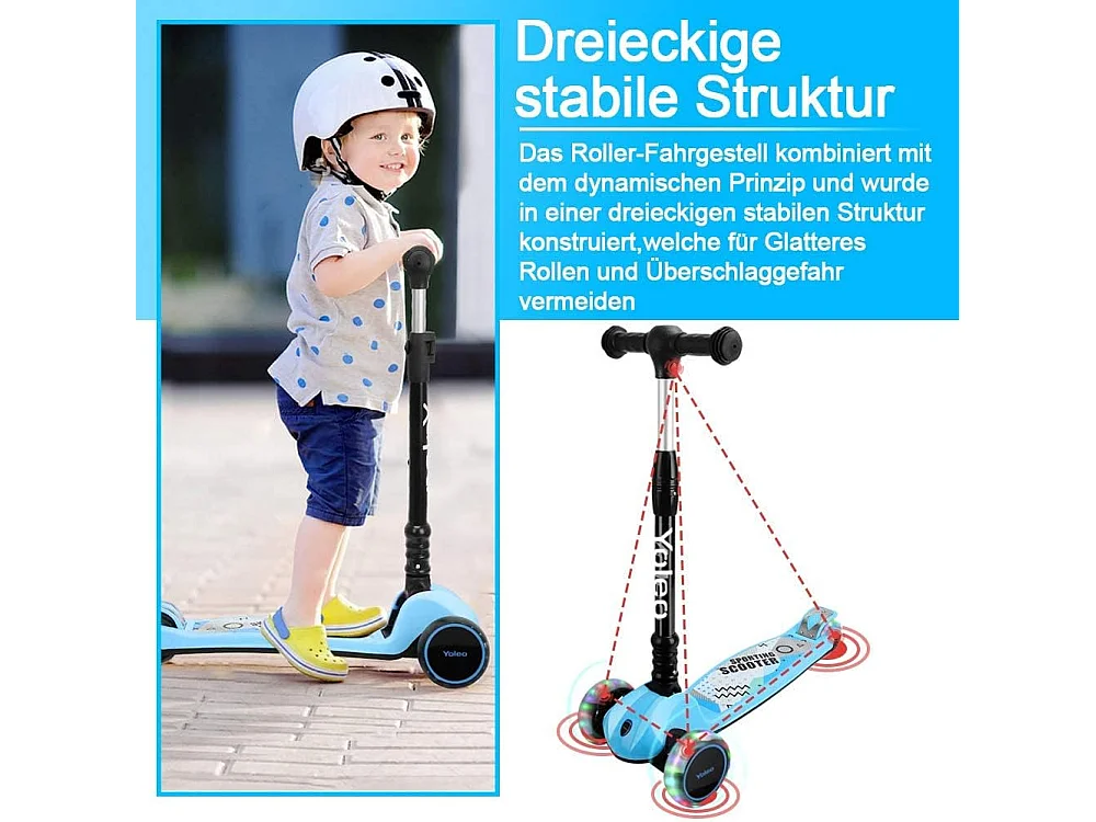 YOLEO Kinderstep met LED-wielen, 4 Hoogteverstellingen, Opvouwbaar Stuur, vanaf 3 Jaar