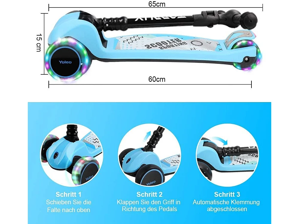 YOLEO Kinderstep met LED-wielen, 4 Hoogteverstellingen, Opvouwbaar Stuur, vanaf 3 Jaar