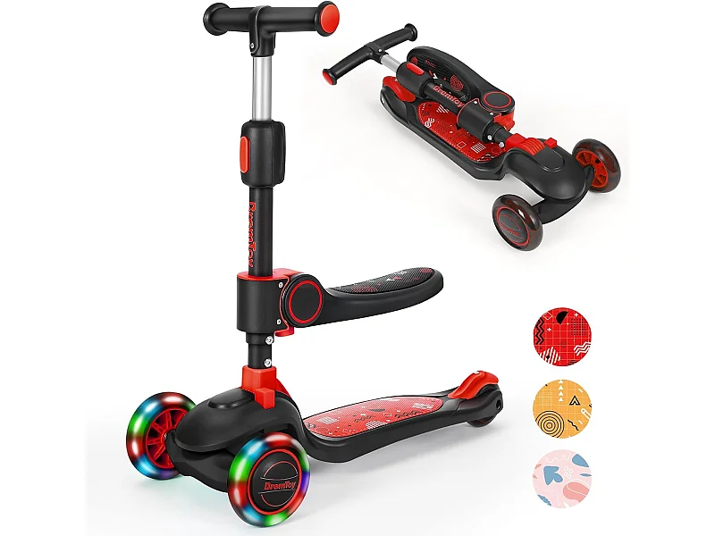 Trottinette Enfant Pliable BremToy avec Siège, Roues LED et Guidon Réglable en Hauteur pour 2-8 Ans