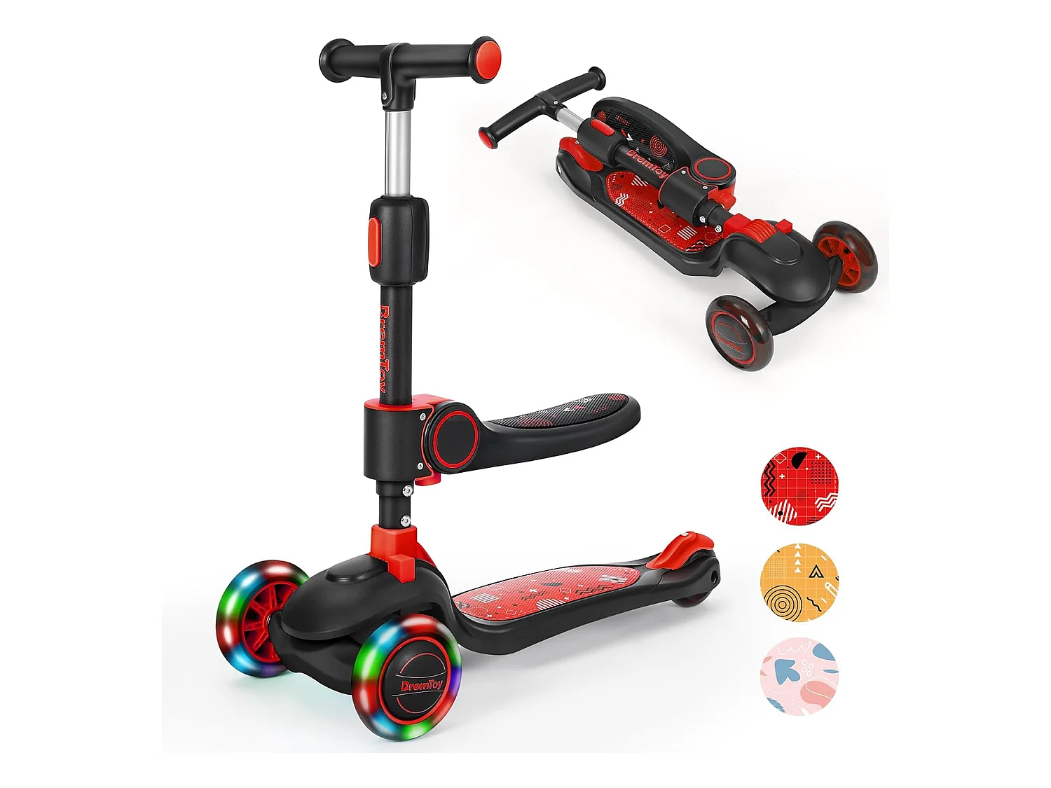 Trottinette Enfant Pliable BremToy avec Siège, Roues LED et Guidon Réglable en Hauteur pour 2-8 Ans