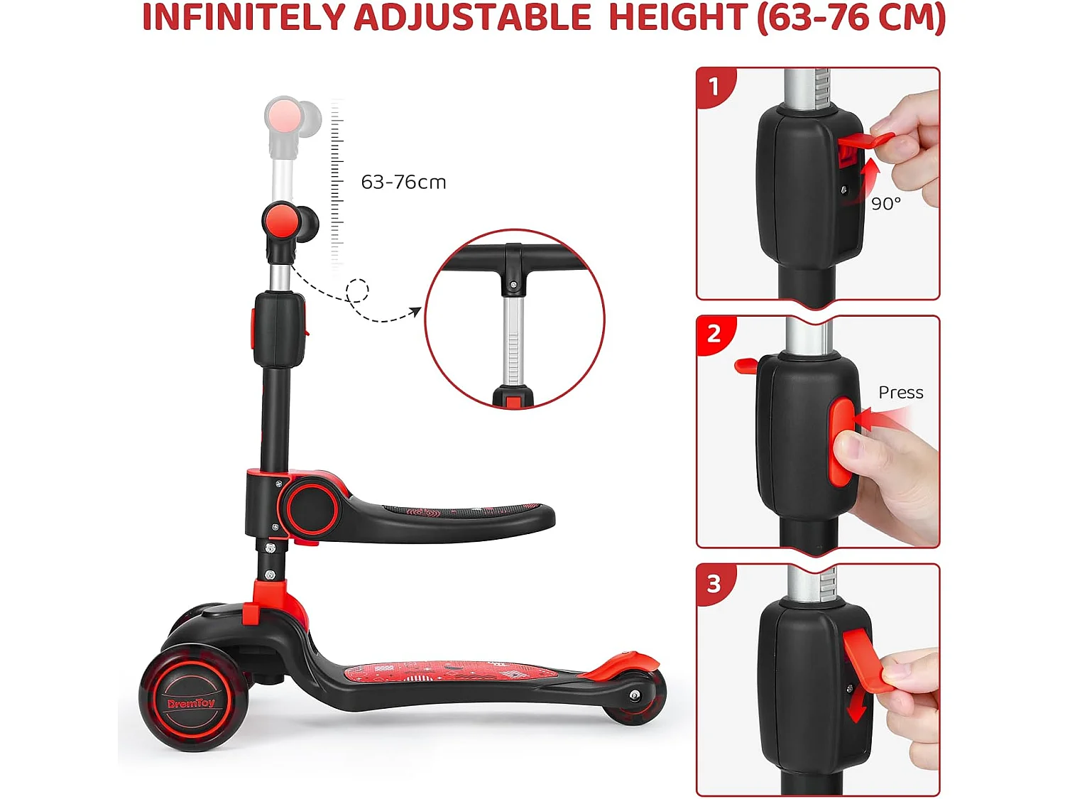 Trottinette Enfant Pliable BremToy avec Siège, Roues LED et Guidon Réglable en Hauteur pour 2-8 Ans