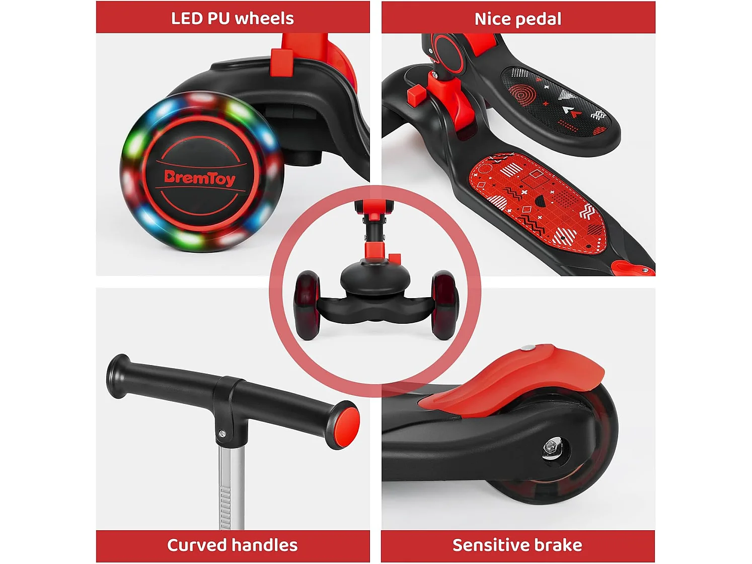 Trottinette Enfant Pliable BremToy avec Siège, Roues LED et Guidon Réglable en Hauteur pour 2-8 Ans