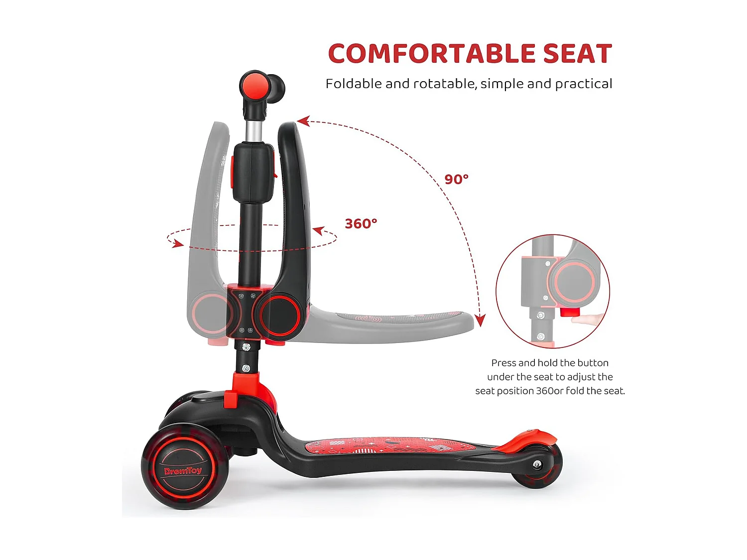 Trottinette Enfant Pliable BremToy avec Siège, Roues LED et Guidon Réglable en Hauteur pour 2-8 Ans