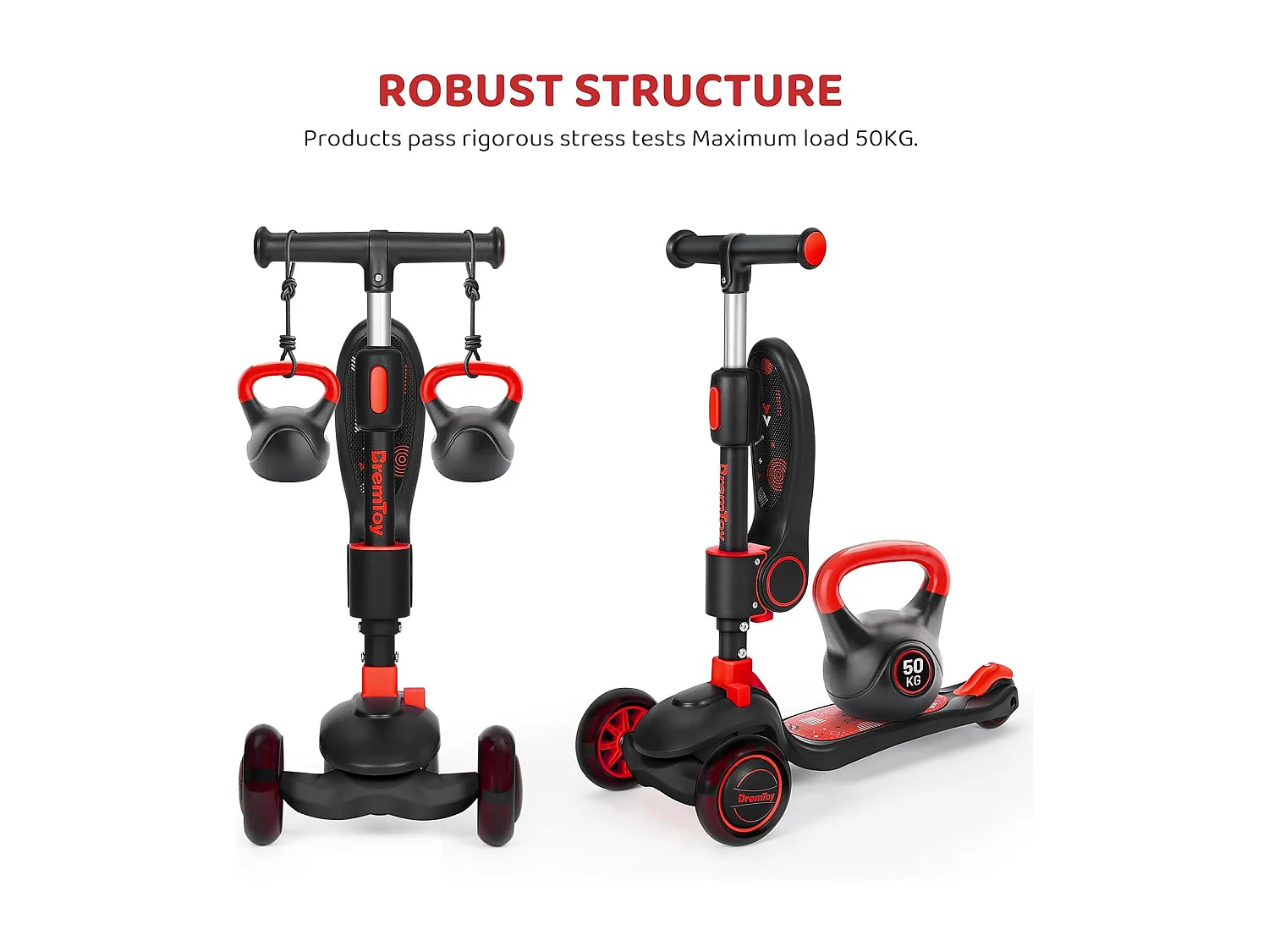 Trottinette Enfant Pliable BremToy avec Siège, Roues LED et Guidon Réglable en Hauteur pour 2-8 Ans