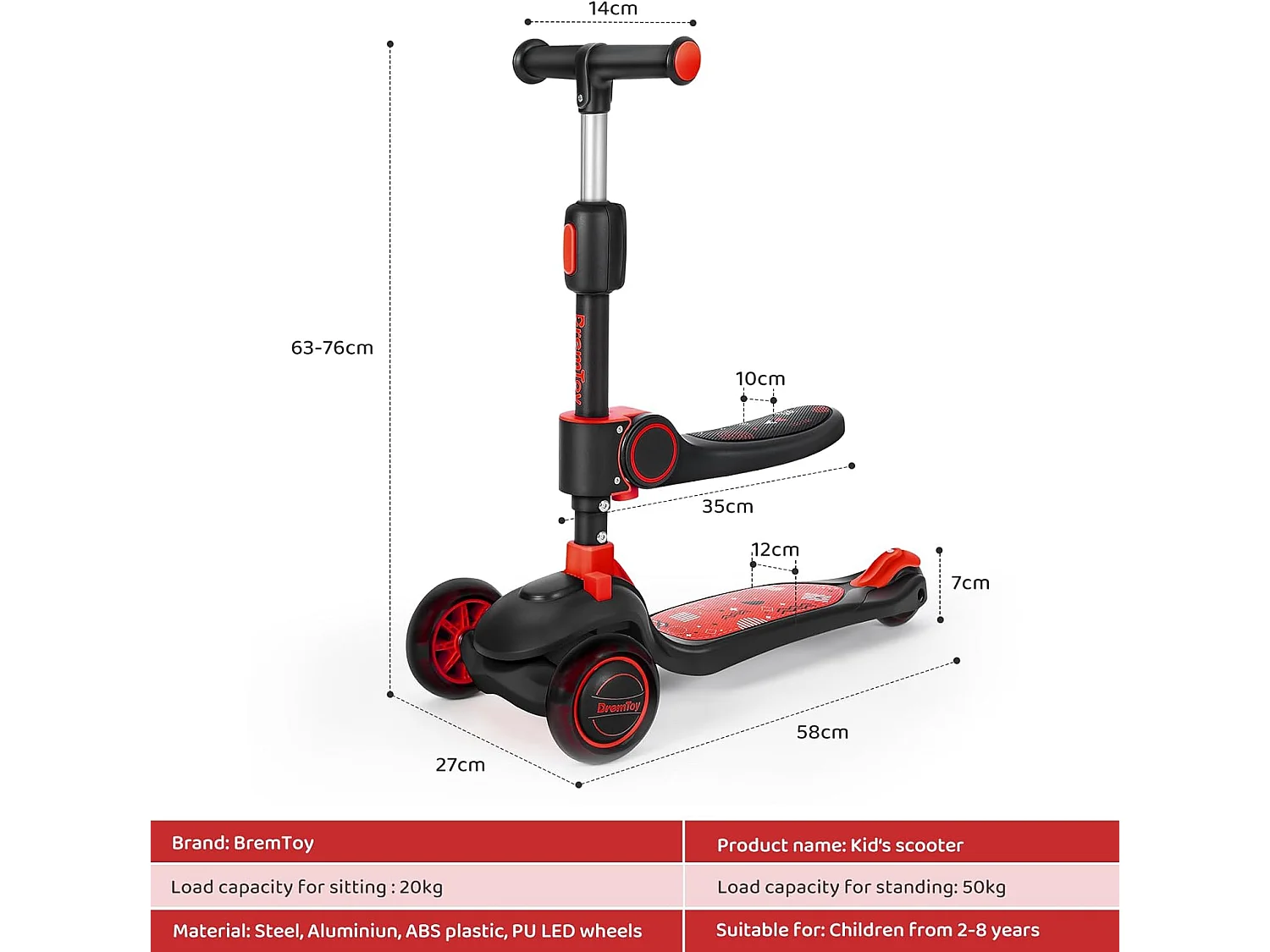 Trottinette Enfant Pliable BremToy avec Siège, Roues LED et Guidon Réglable en Hauteur pour 2-8 Ans