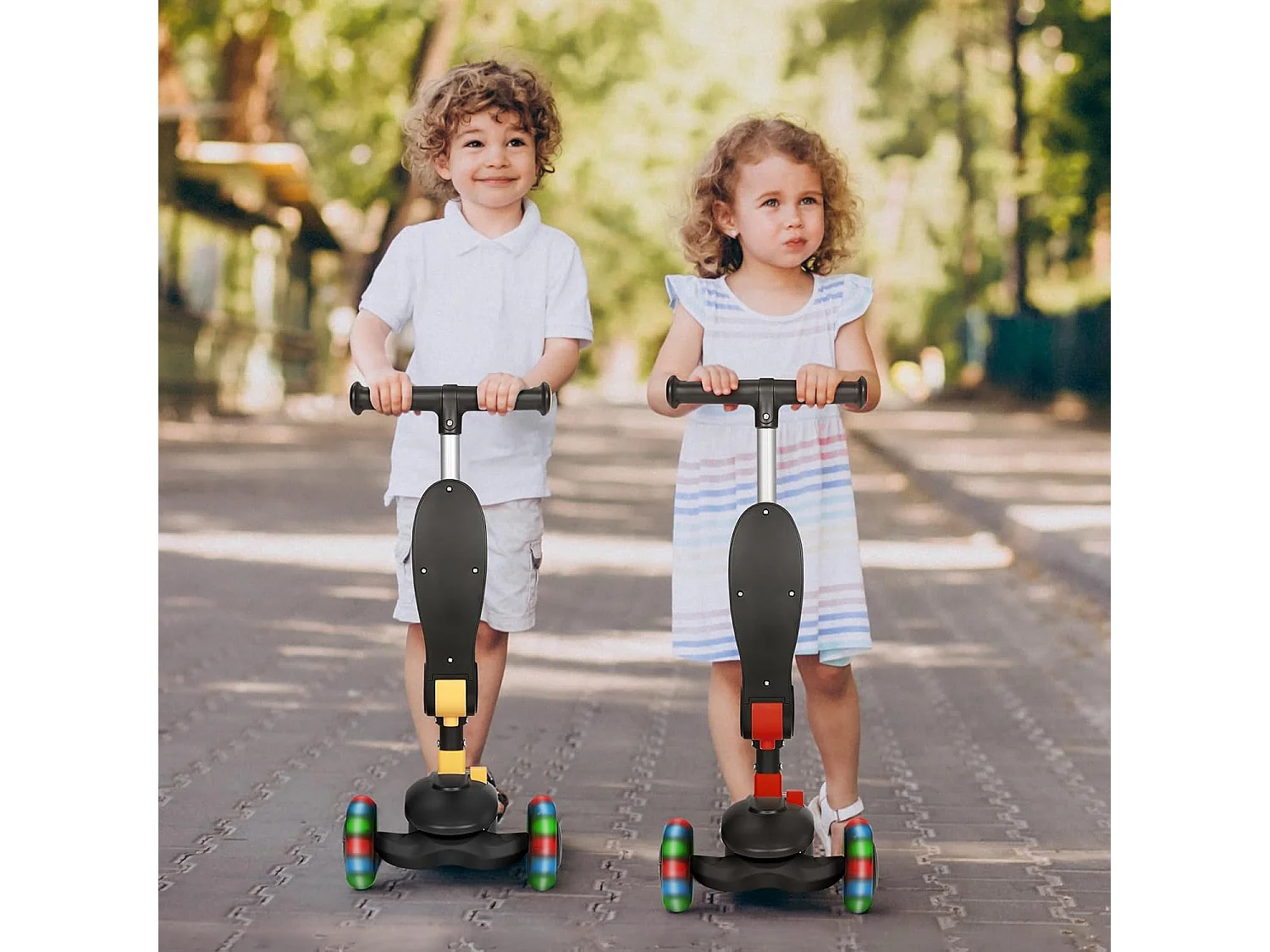 Trottinette Enfant Pliable BremToy avec Siège, Roues LED et Guidon Réglable en Hauteur pour 2-8 Ans