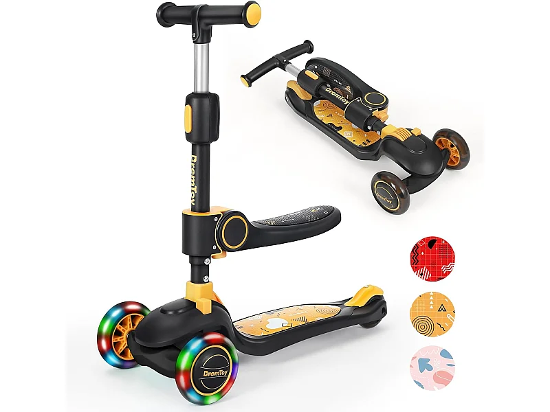 BremToy Opvouwbare Kinderstep met Zitje, LED-wielen en Hoogteverstelbaar Stuur voor 2-8 Jaar