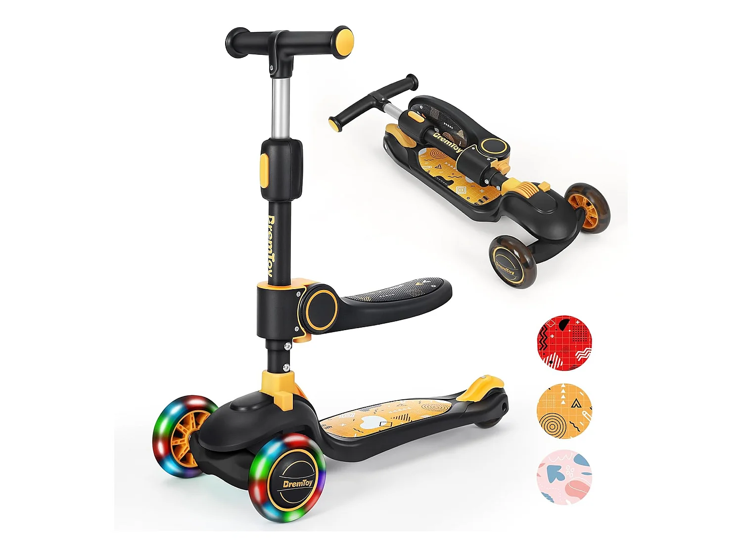 Trottinette Enfant Pliable BremToy avec Siège, Roues LED et Guidon Réglable en Hauteur pour 2-8 Ans