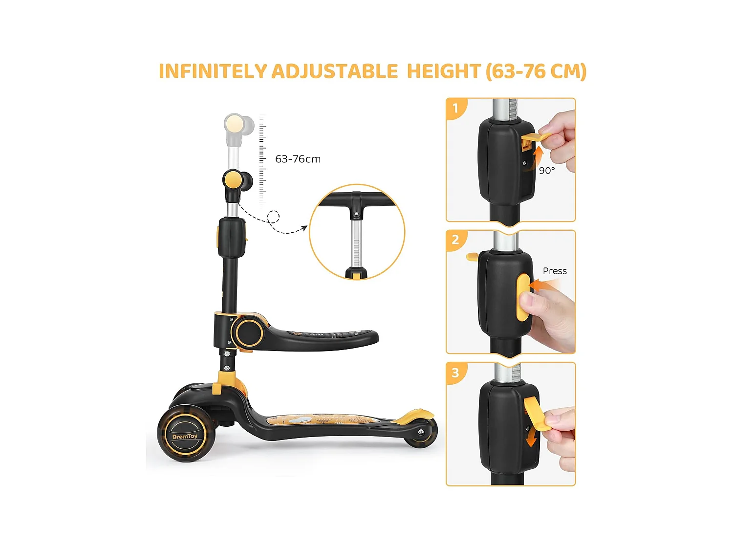 Trottinette Enfant Pliable BremToy avec Siège, Roues LED et Guidon Réglable en Hauteur pour 2-8 Ans
