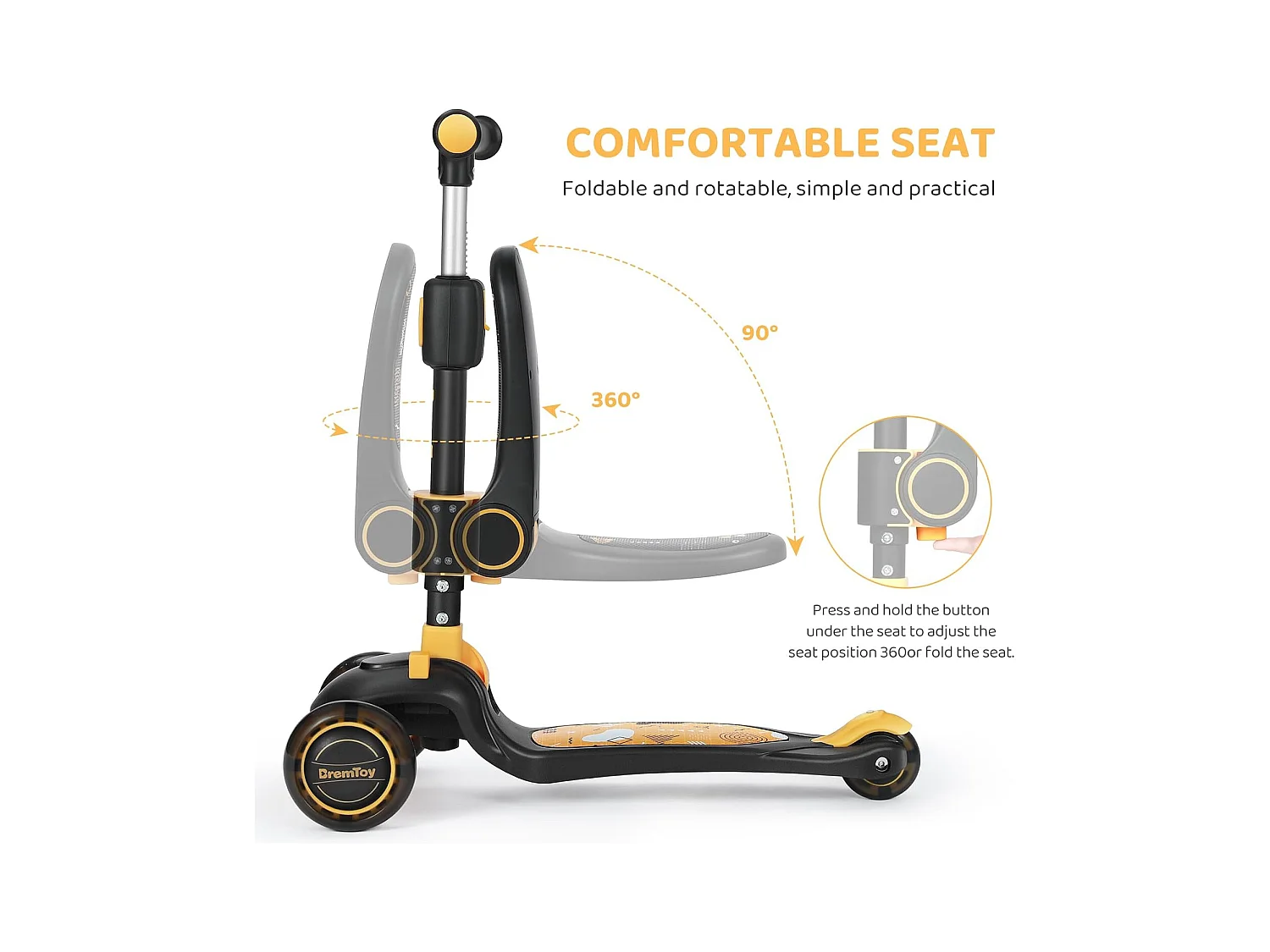 Trottinette Enfant Pliable BremToy avec Siège, Roues LED et Guidon Réglable en Hauteur pour 2-8 Ans