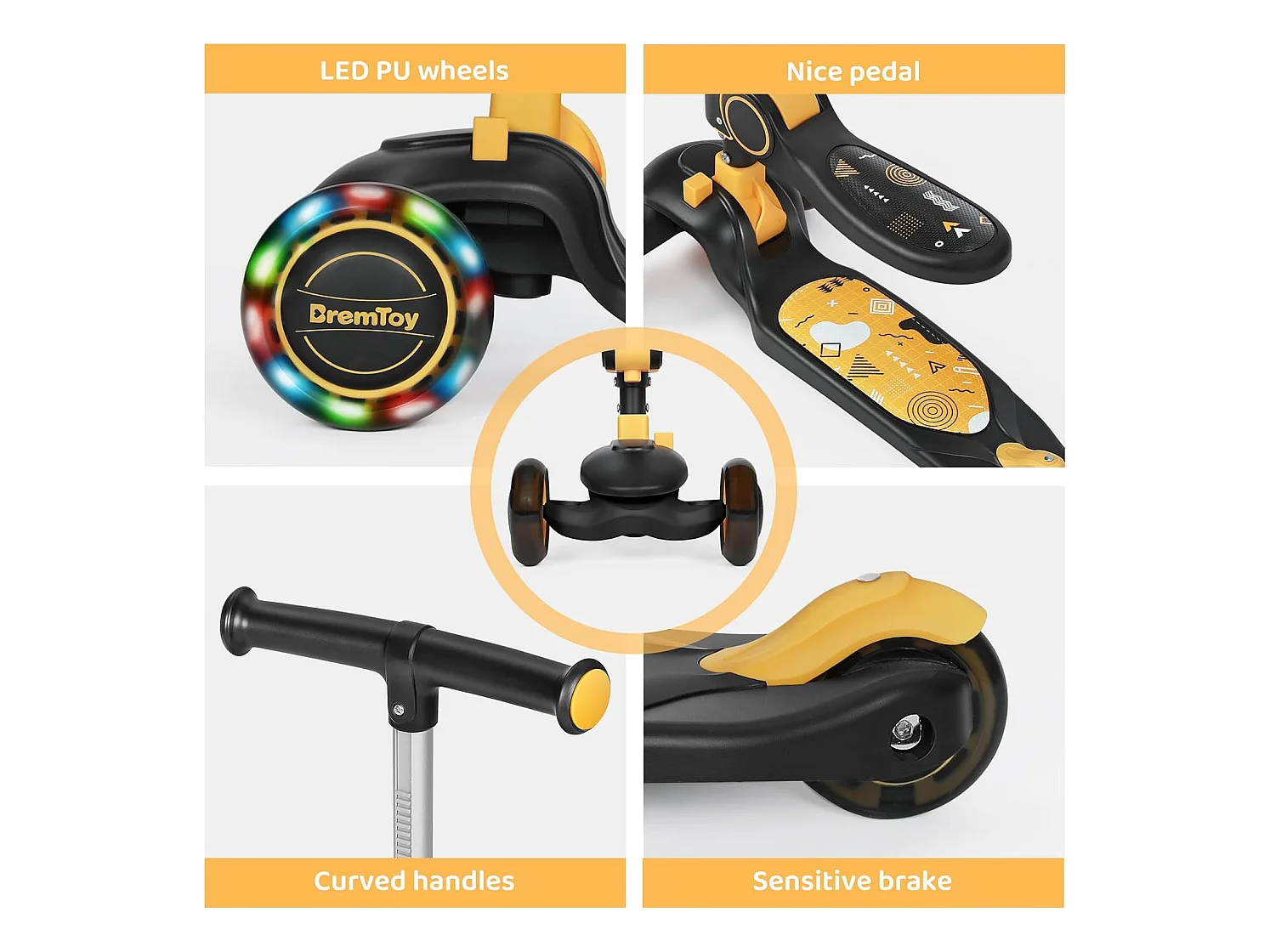 Trottinette Enfant Pliable BremToy avec Siège, Roues LED et Guidon Réglable en Hauteur pour 2-8 Ans