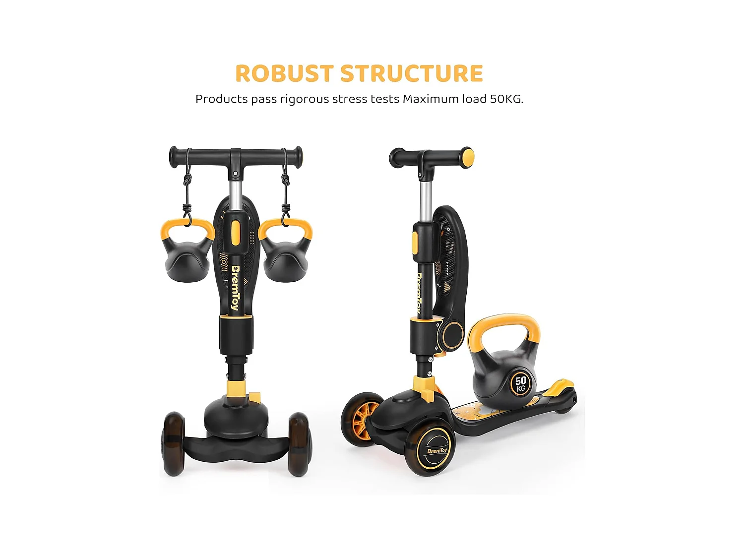 Trottinette Enfant Pliable BremToy avec Siège, Roues LED et Guidon Réglable en Hauteur pour 2-8 Ans