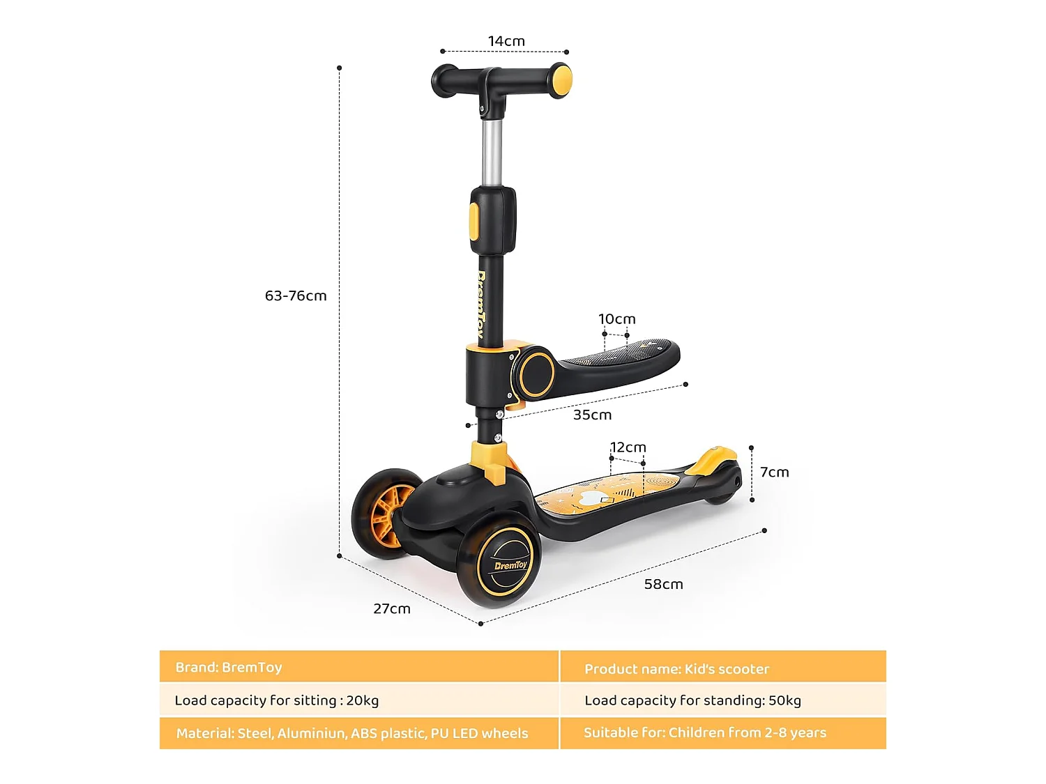 Trottinette Enfant Pliable BremToy avec Siège, Roues LED et Guidon Réglable en Hauteur pour 2-8 Ans