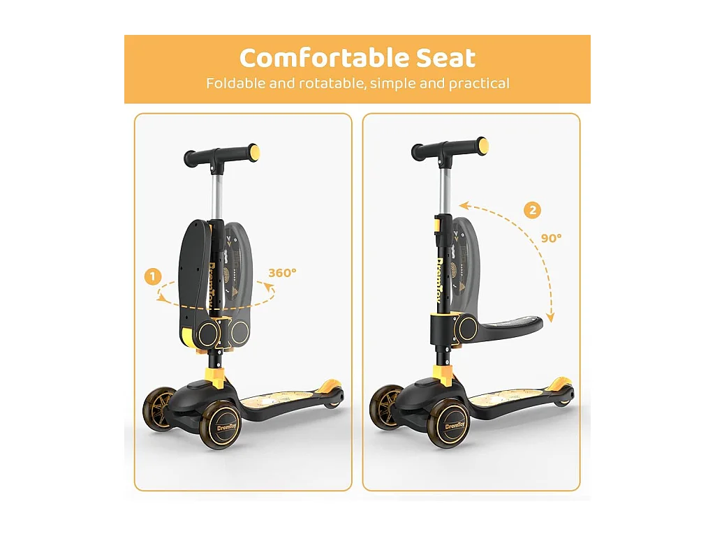 Trottinette Enfant Pliable BremToy avec Siège, Roues LED et Guidon Réglable en Hauteur pour 2-8 Ans