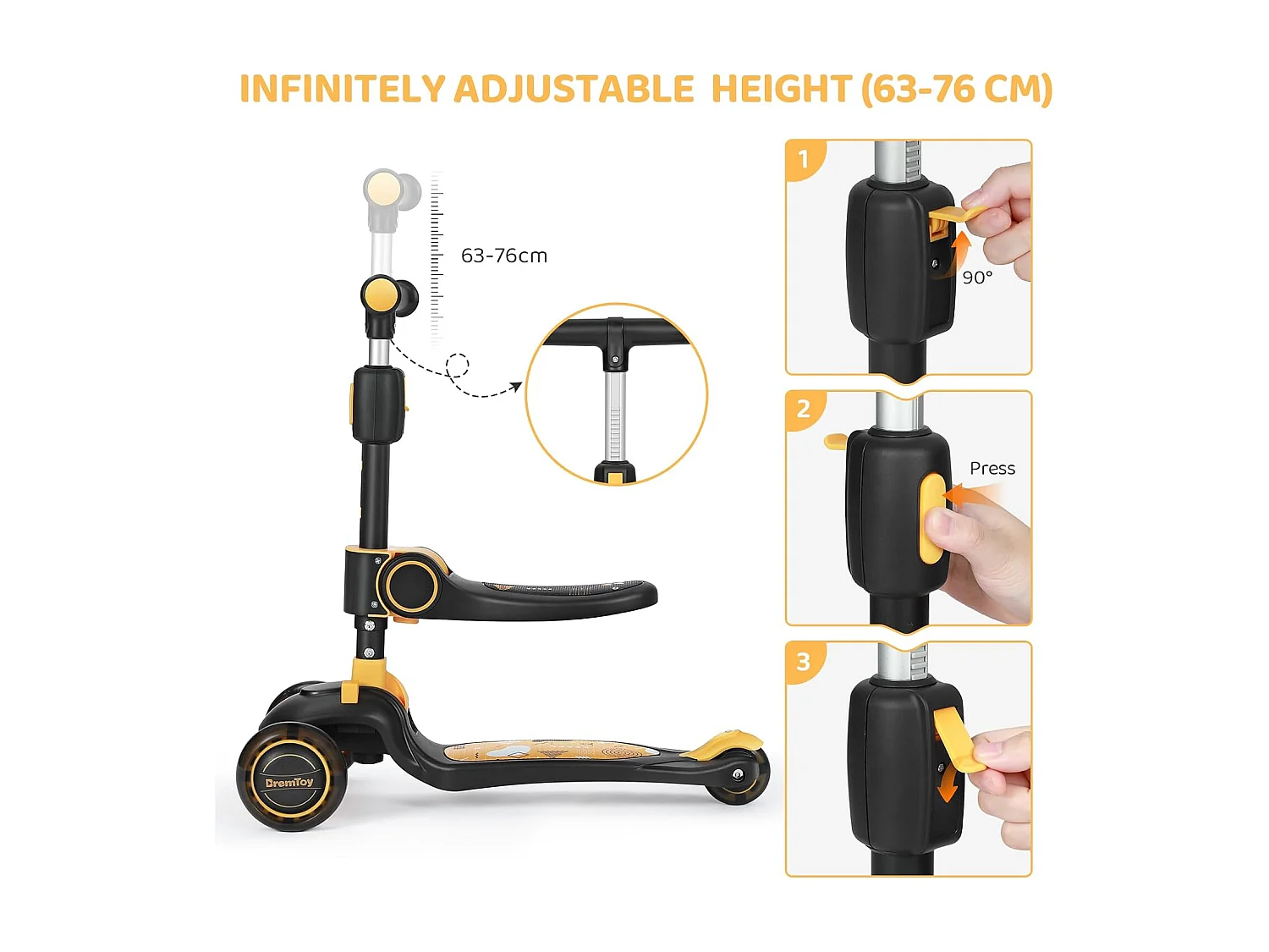 BremToy Opvouwbare Kinderstep met Zitje, LED-wielen en Hoogteverstelbaar Stuur voor 2-8 Jaar