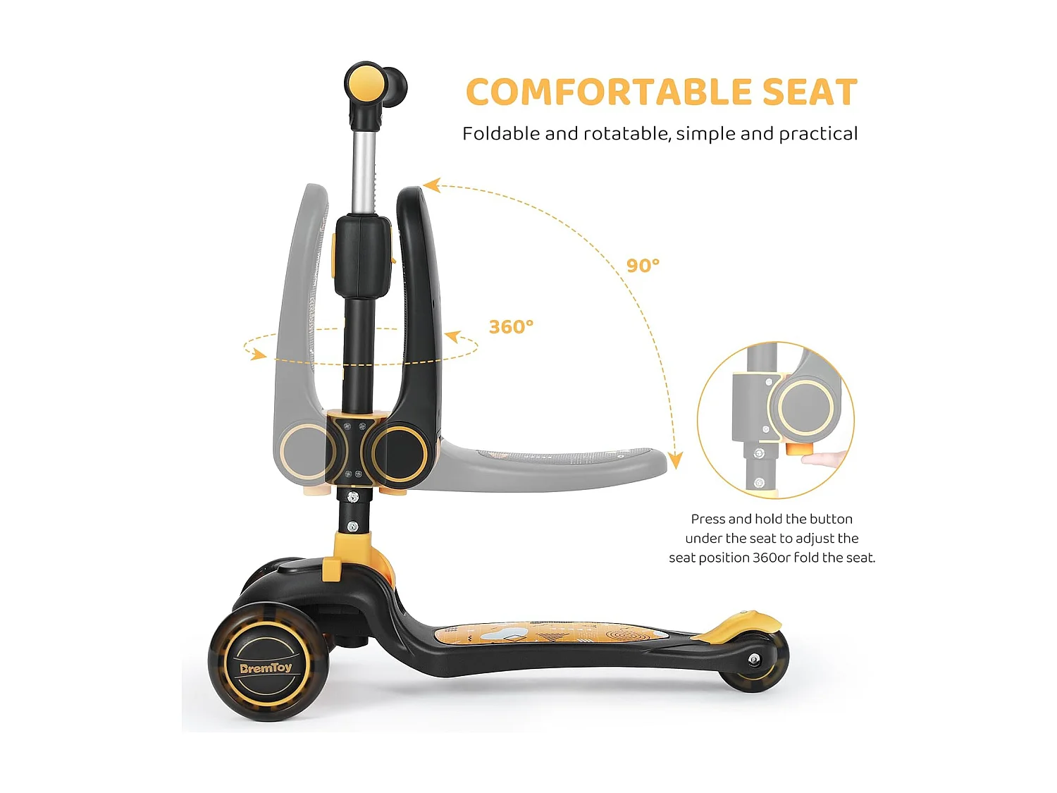BremToy Opvouwbare Kinderstep met Zitje, LED-wielen en Hoogteverstelbaar Stuur voor 2-8 Jaar