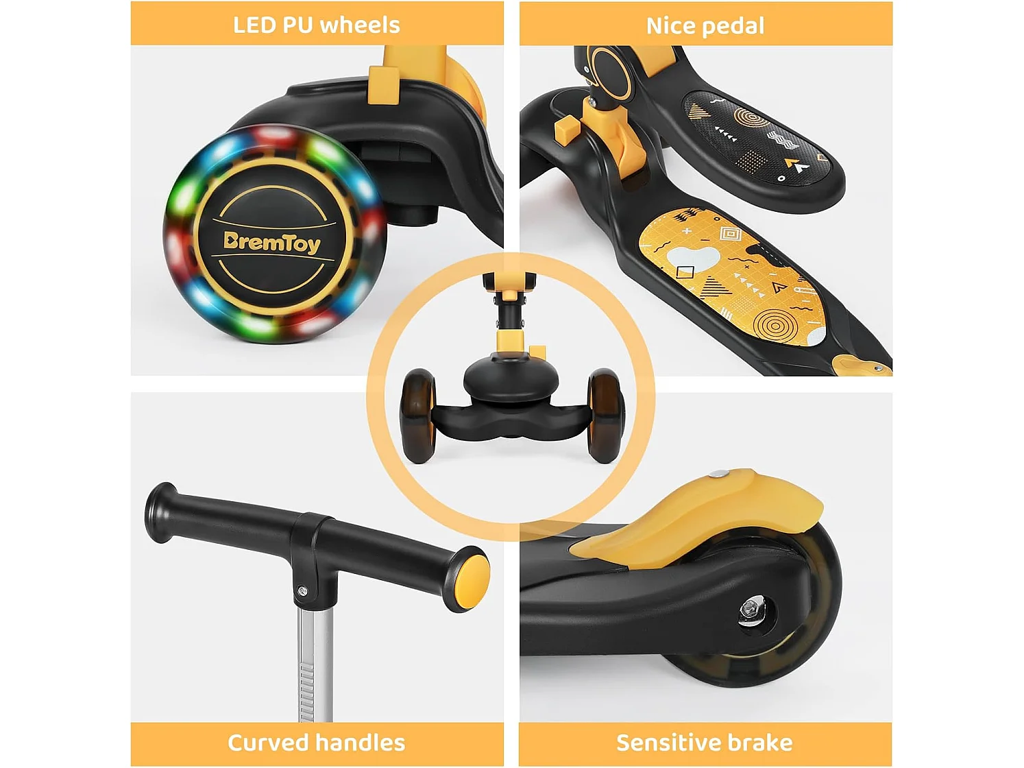 BremToy Opvouwbare Kinderstep met Zitje, LED-wielen en Hoogteverstelbaar Stuur voor 2-8 Jaar