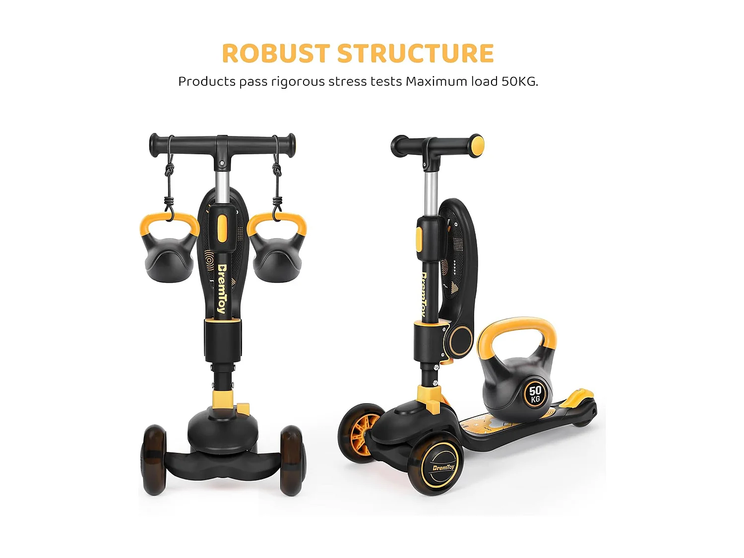 BremToy Opvouwbare Kinderstep met Zitje, LED-wielen en Hoogteverstelbaar Stuur voor 2-8 Jaar