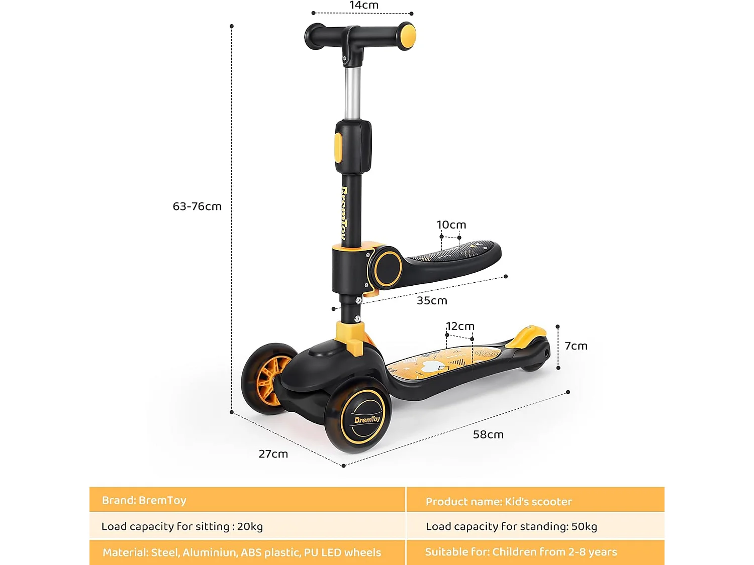 BremToy Opvouwbare Kinderstep met Zitje, LED-wielen en Hoogteverstelbaar Stuur voor 2-8 Jaar