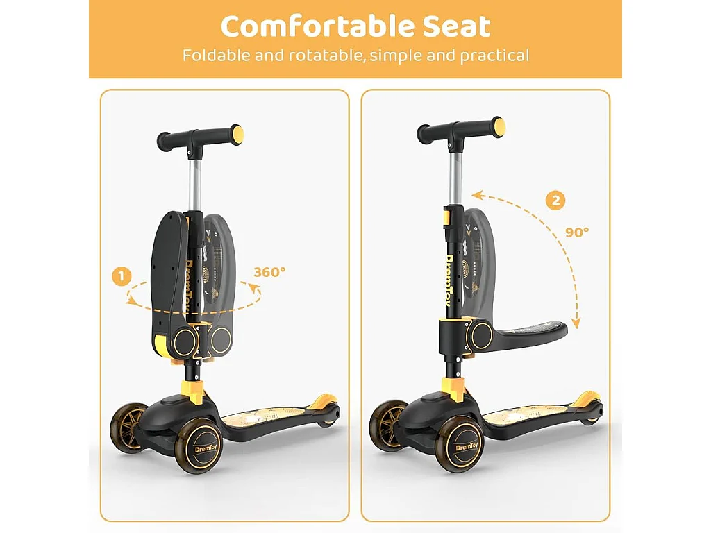 BremToy Opvouwbare Kinderstep met Zitje, LED-wielen en Hoogteverstelbaar Stuur voor 2-8 Jaar