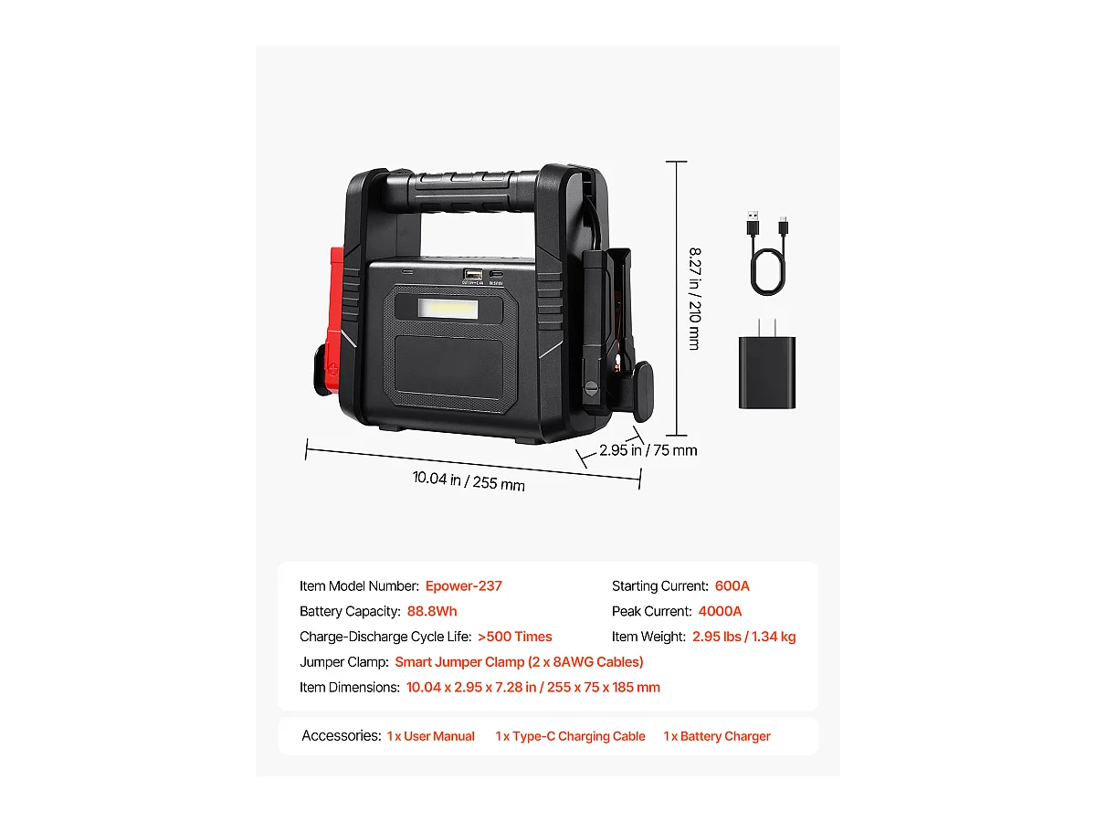Booster Batterie Voiture SucceBuy, 4000 A, Démarreur de Batterie Voiture Portable avec Câbles de Démarrage, Écran LCD, Lumière LED, Boîte de Démarrage au Lithium