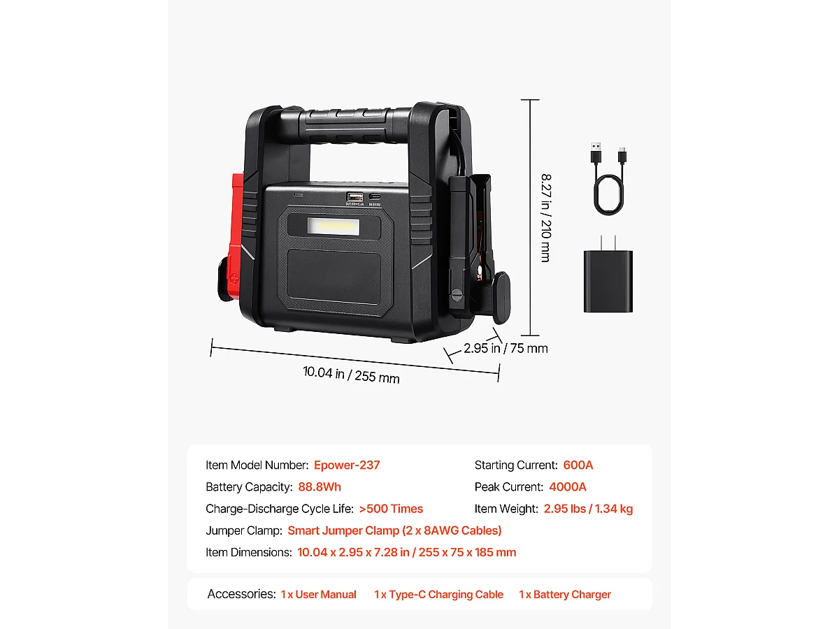 Booster Batterie Voiture SucceBuy, 4000 A, Démarreur de Batterie Voiture Portable avec Câbles de Démarrage, Écran LCD, Lumière LED, Boîte de Démarrage au Lithium