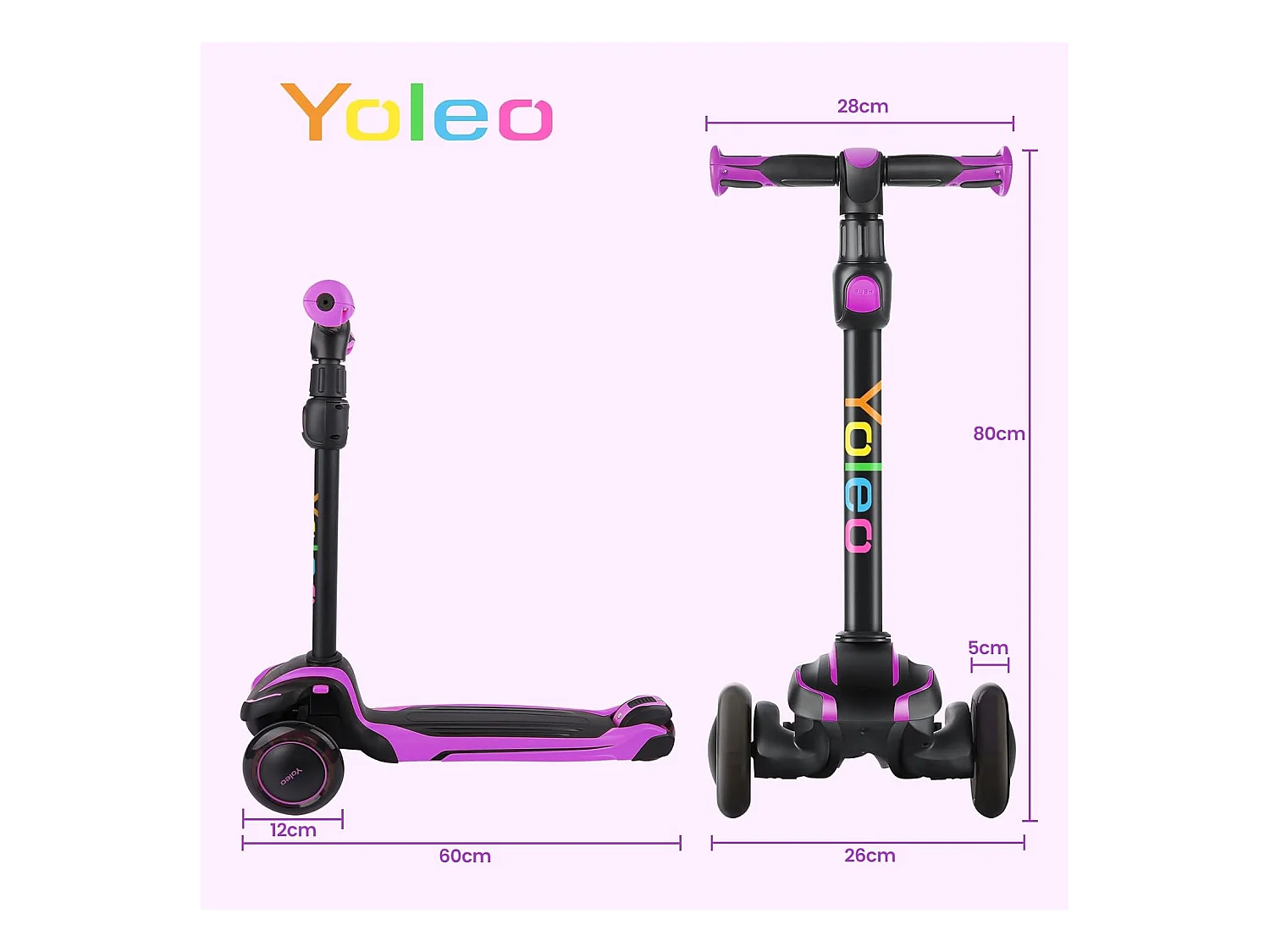 Trottinette Enfant YOLEO avec 4 Hauteurs Réglables, Roues Lumineuses LED, pour 3-12 Ans