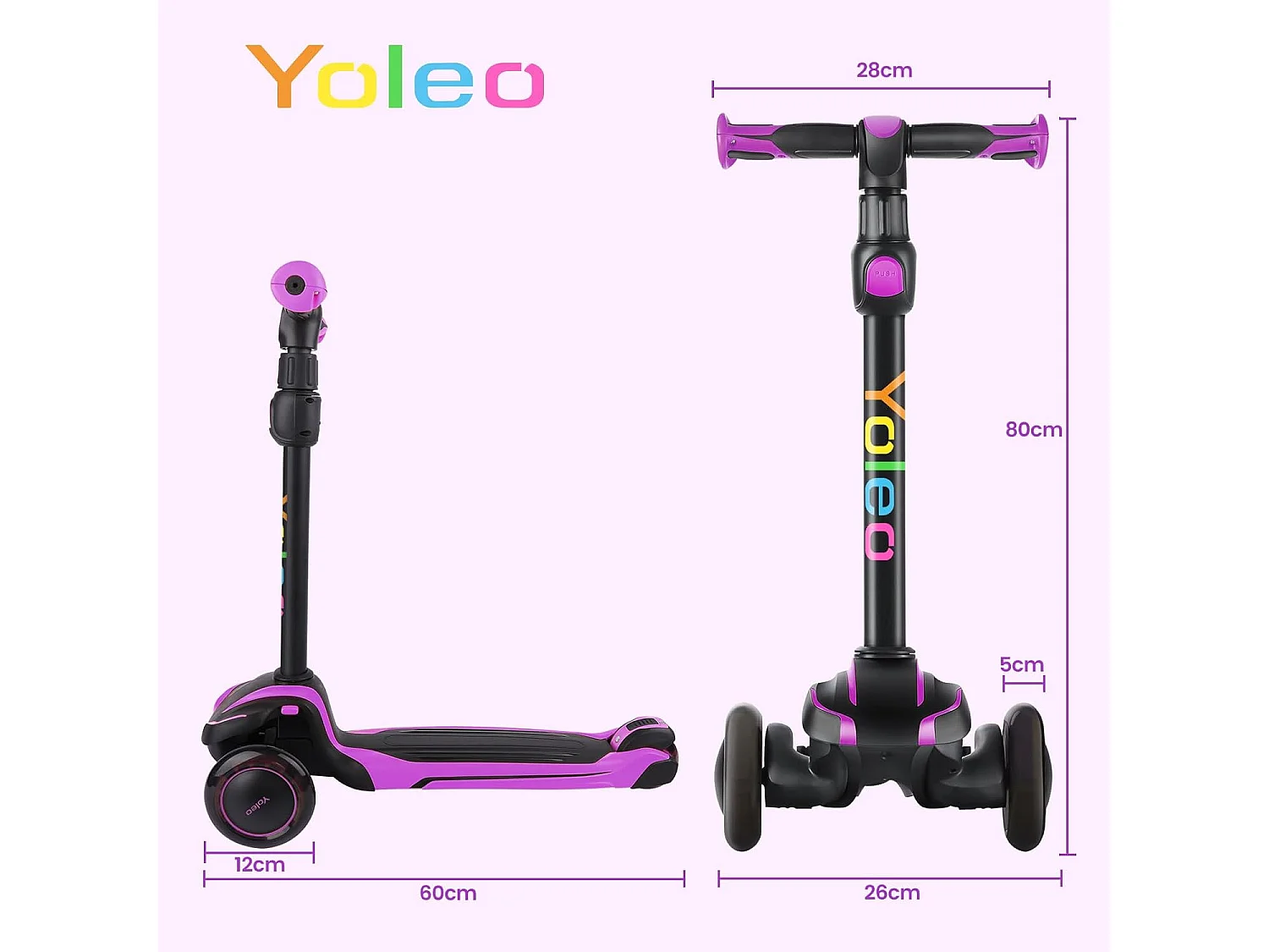 YOLEO Kinderstep met 4 Hoogteverstellingen, LED Lichtgevende Wielenen, voor 3-12 Jaar