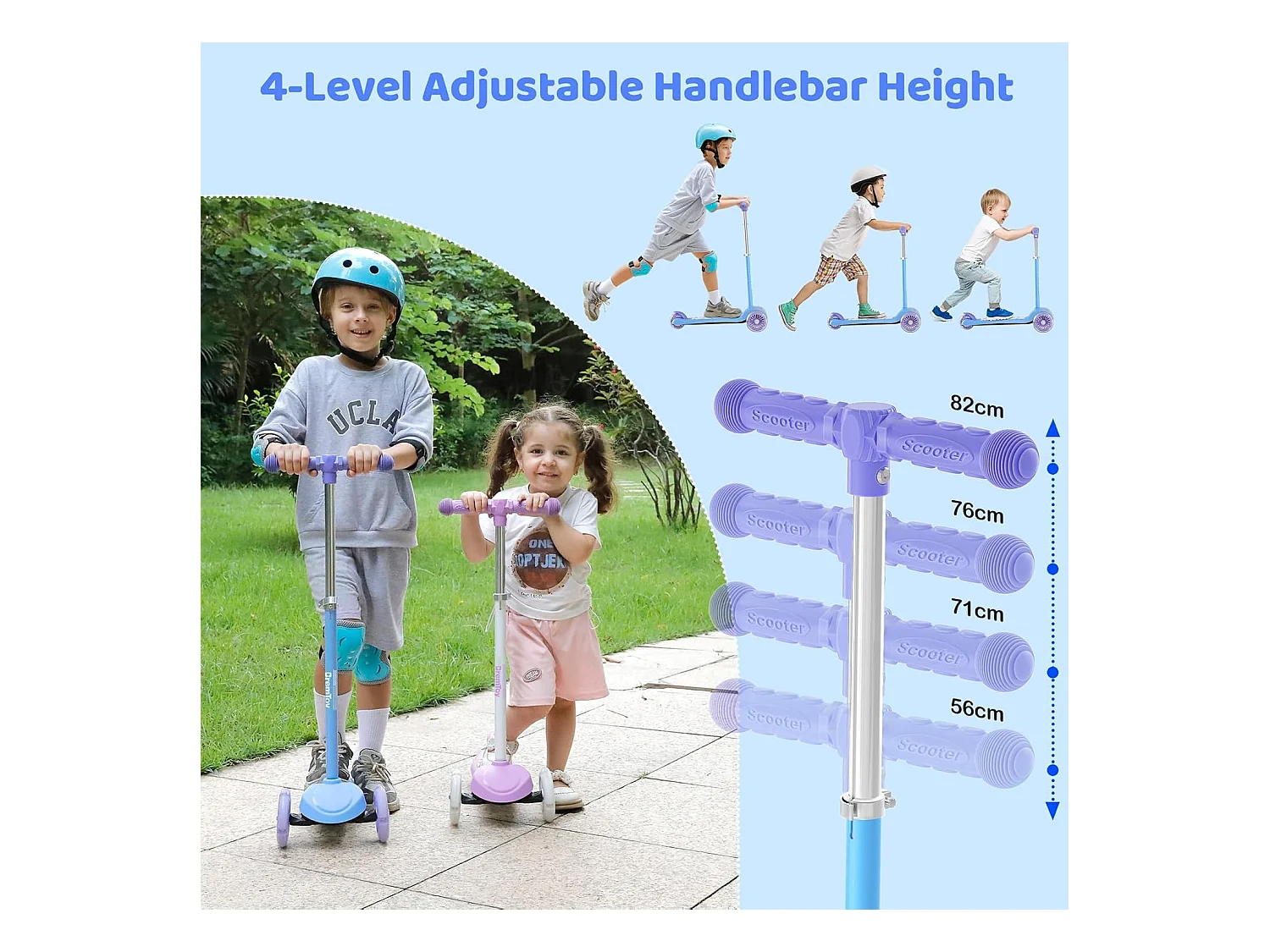 Trottinette Enfant BremToy avec Plateforme Lumineuse et Roues PU LED, 4 Niveaux de Réglage en Hauteur, Légère, pour Débutants de 3 à 8 Ans