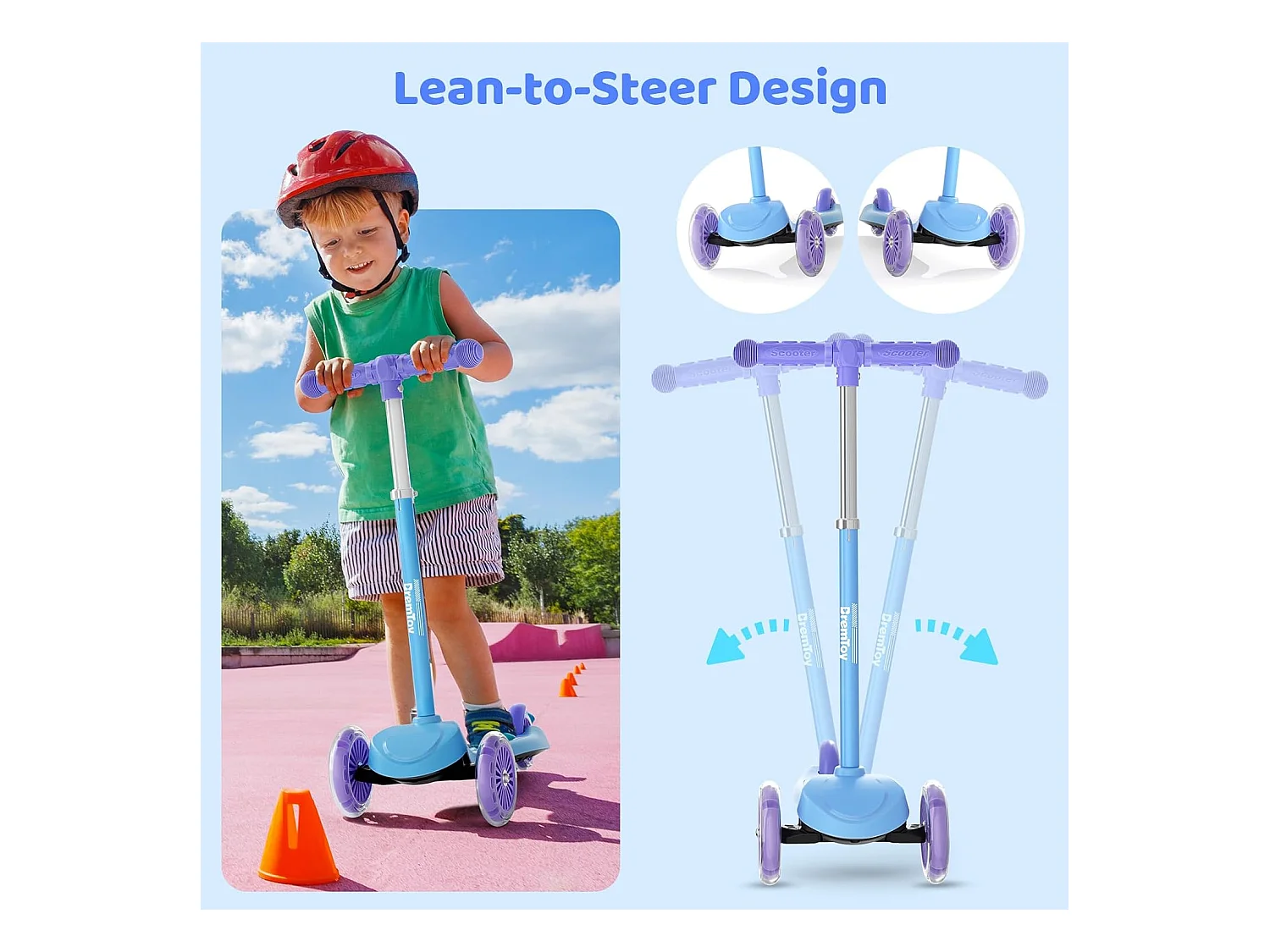 Trottinette Enfant BremToy avec Plateforme Lumineuse et Roues PU LED, 4 Niveaux de Réglage en Hauteur, Légère, pour Débutants de 3 à 8 Ans