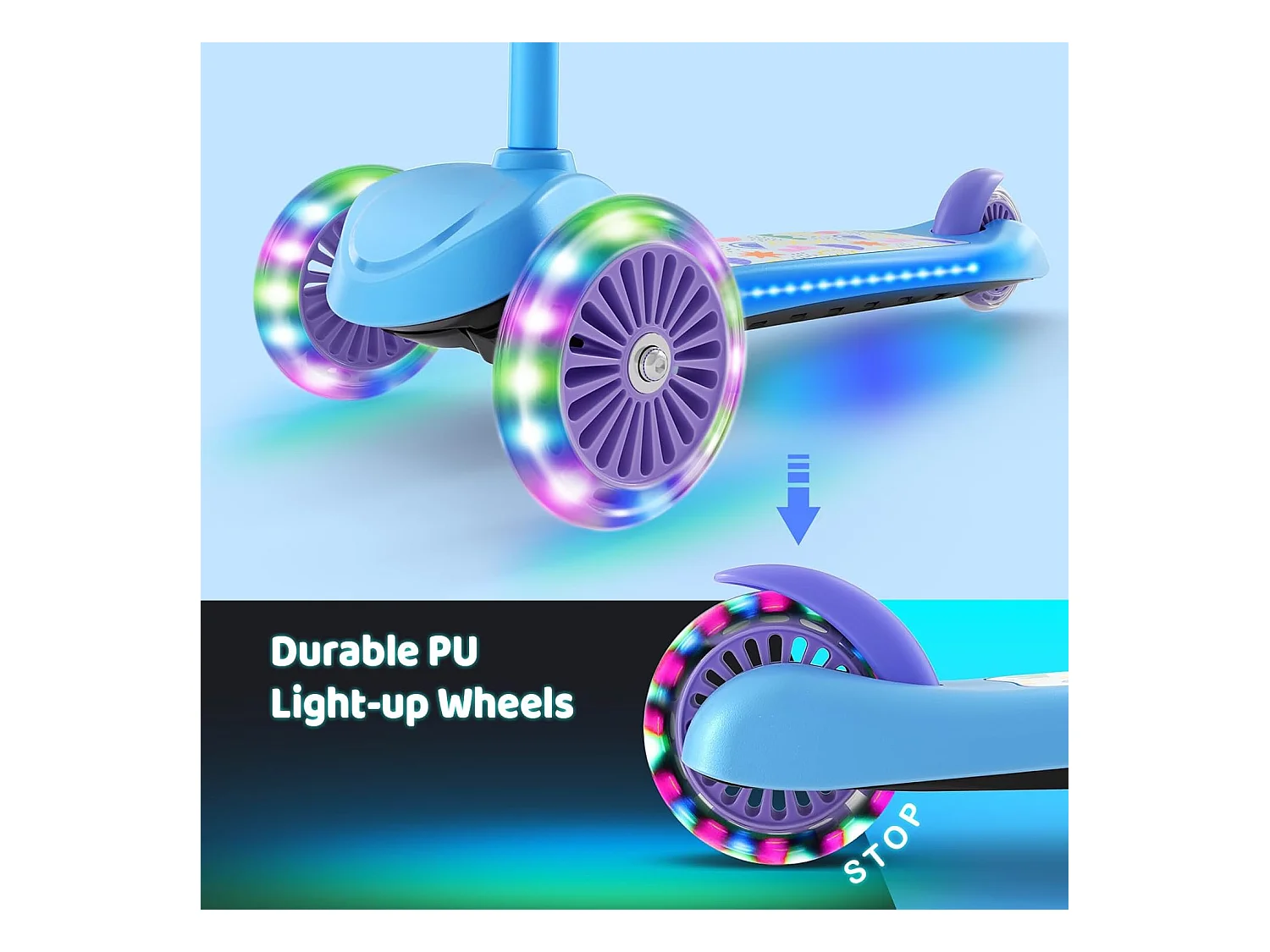 Trottinette Enfant BremToy avec Plateforme Lumineuse et Roues PU LED, 4 Niveaux de Réglage en Hauteur, Légère, pour Débutants de 3 à 8 Ans