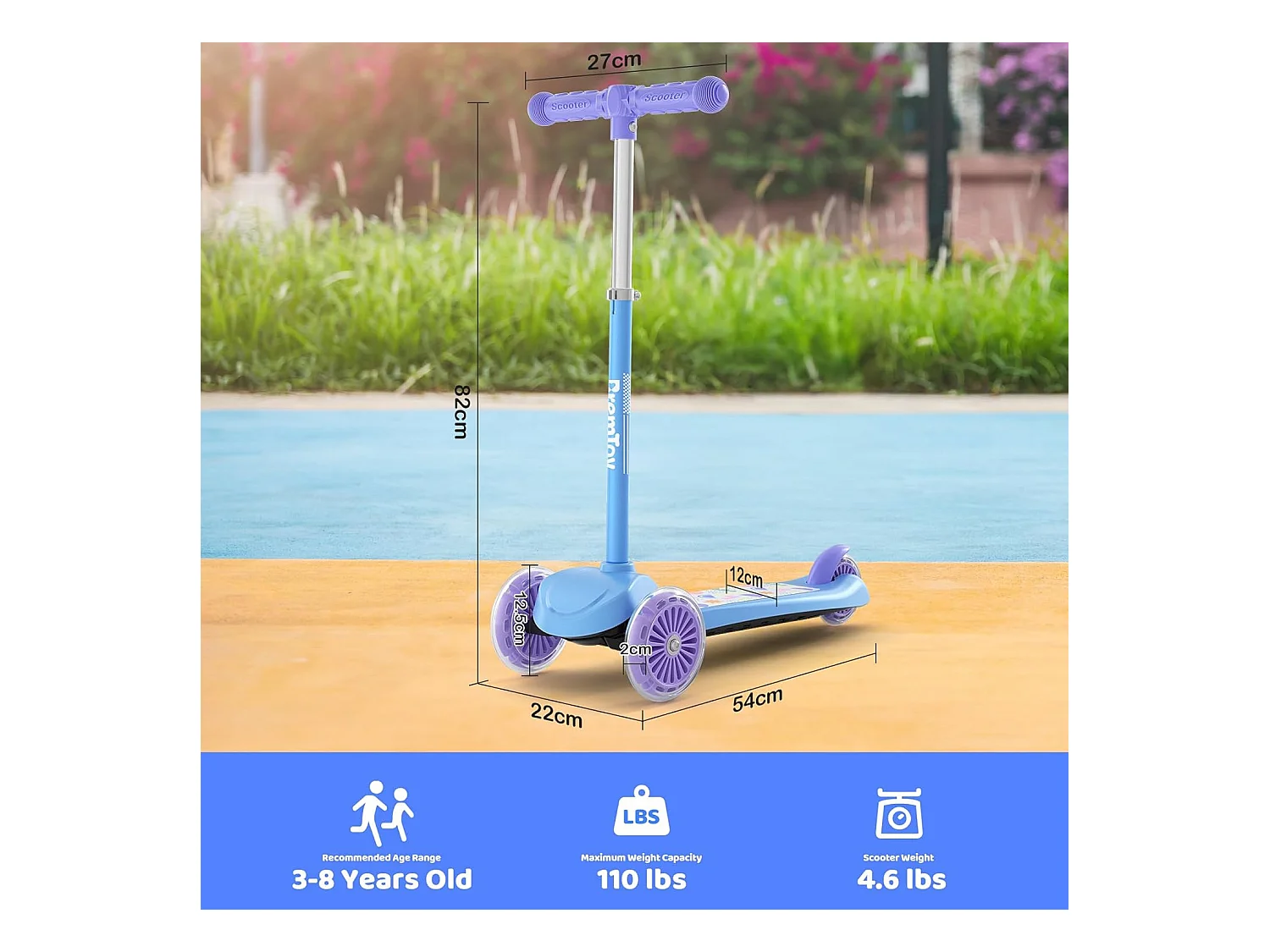 Trottinette Enfant BremToy avec Plateforme Lumineuse et Roues PU LED, 4 Niveaux de Réglage en Hauteur, Légère, pour Débutants de 3 à 8 Ans