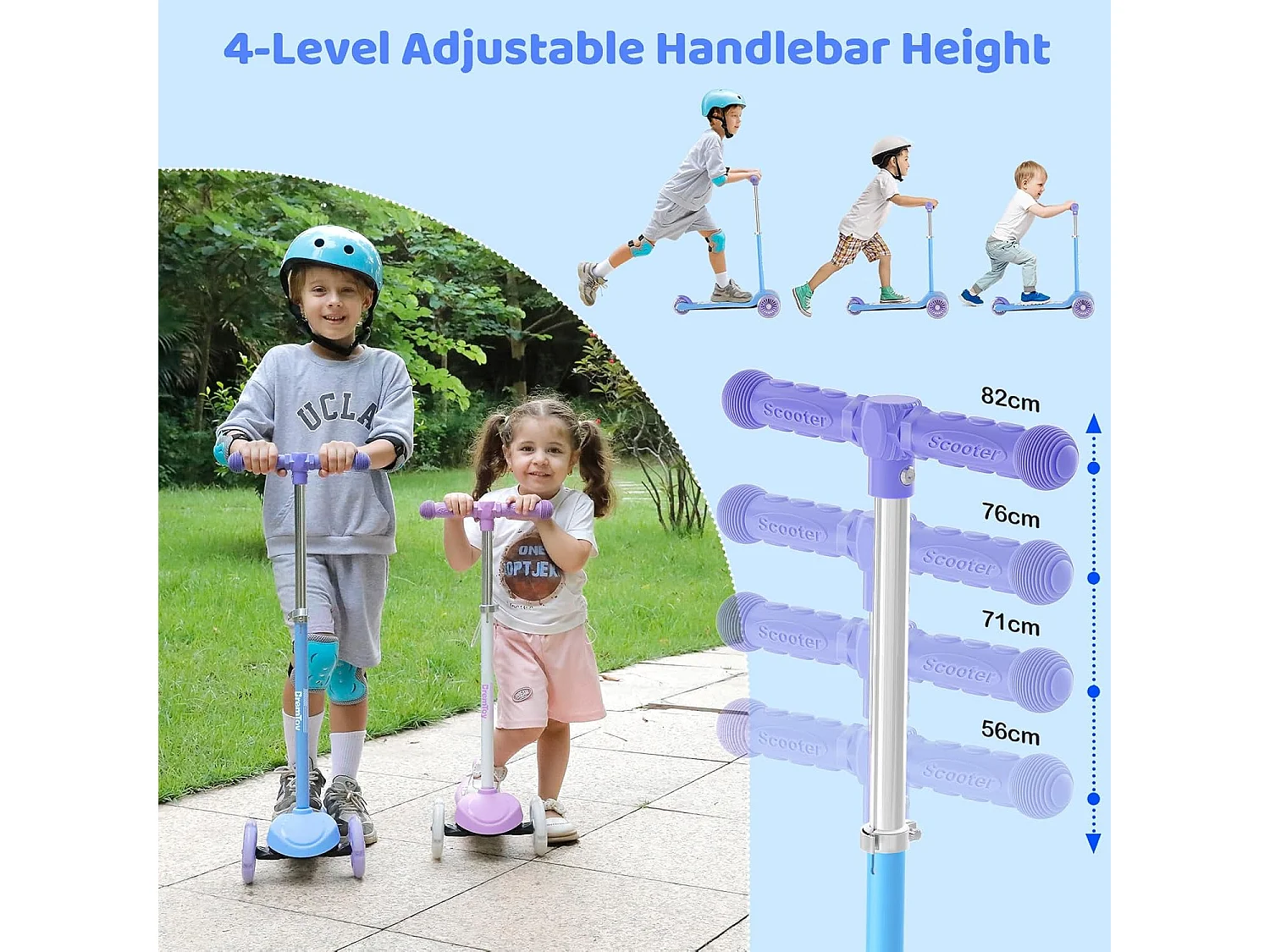 BremToy Kinderstep met Lichtgevend Deck en PU LED-wielen, 4 Traps Hoogteverstelling, Lichtgewicht, voor Beginners van 3-8 Jaar