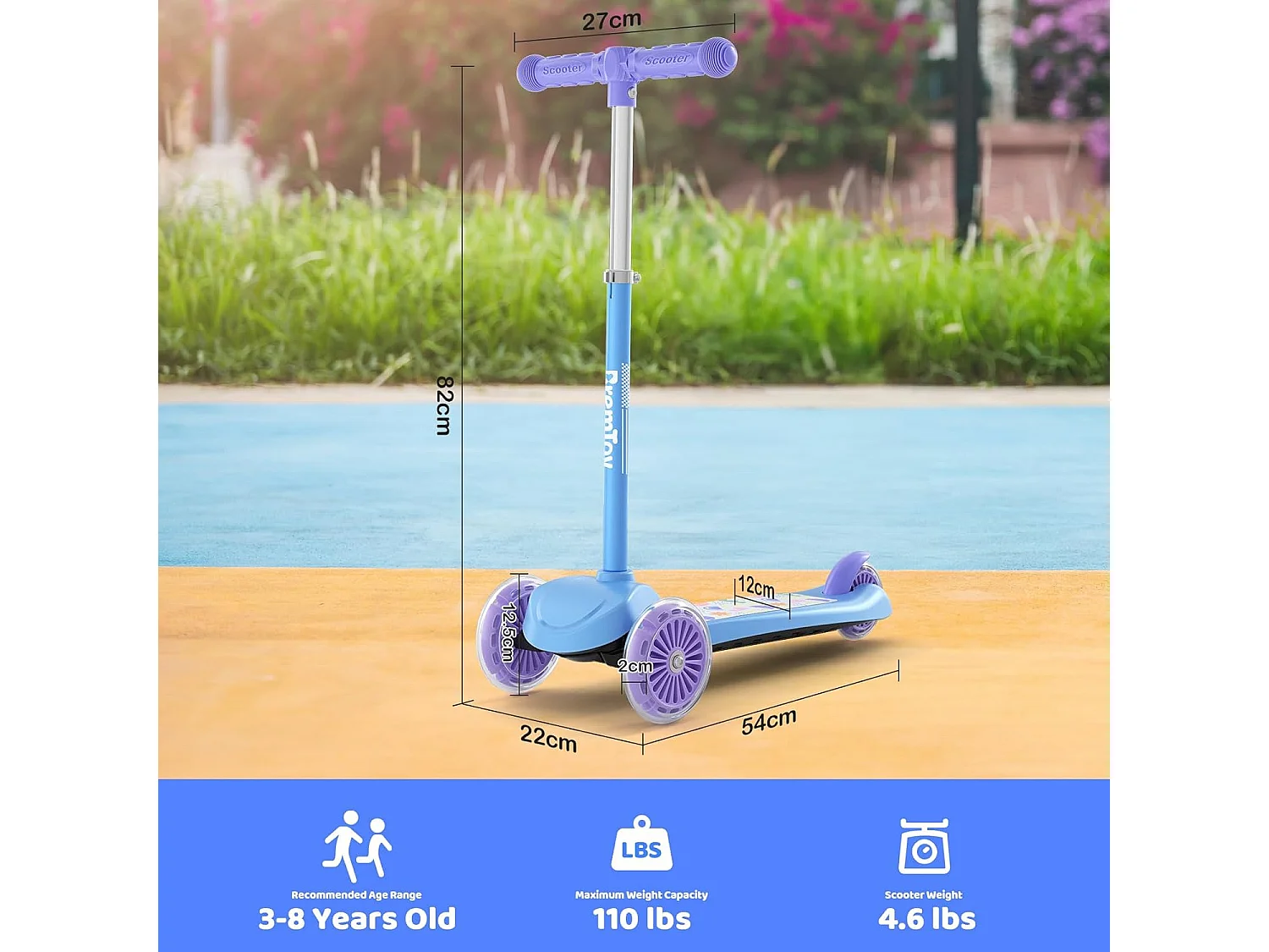 BremToy Kinderstep met Lichtgevend Deck en PU LED-wielen, 4 Traps Hoogteverstelling, Lichtgewicht, voor Beginners van 3-8 Jaar